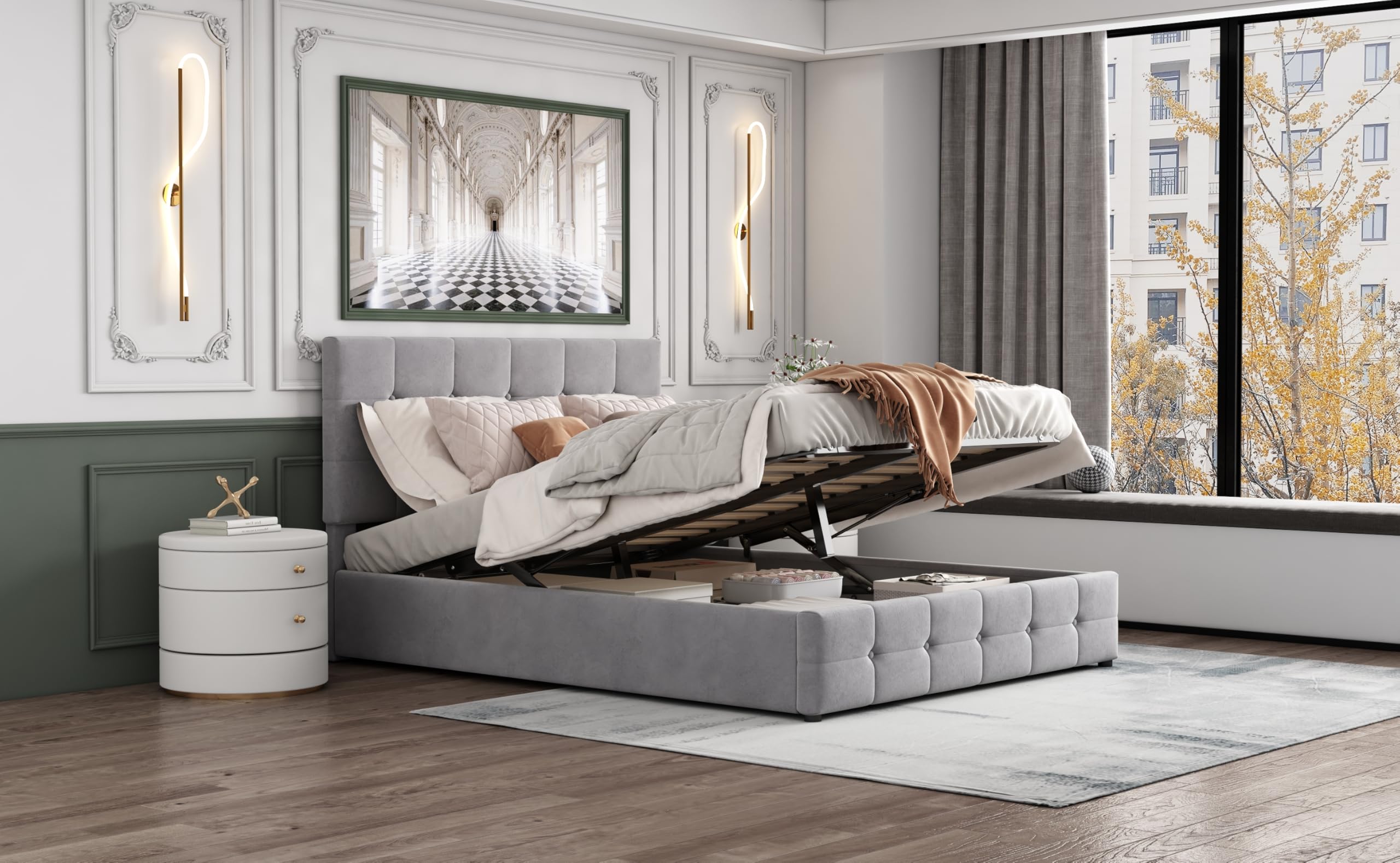 Cama hidráulica de material elevador con espacio de almacenamiento, somier de láminas de metal, funda de terciopelo, ahorra espacio para apartamentos pequeños