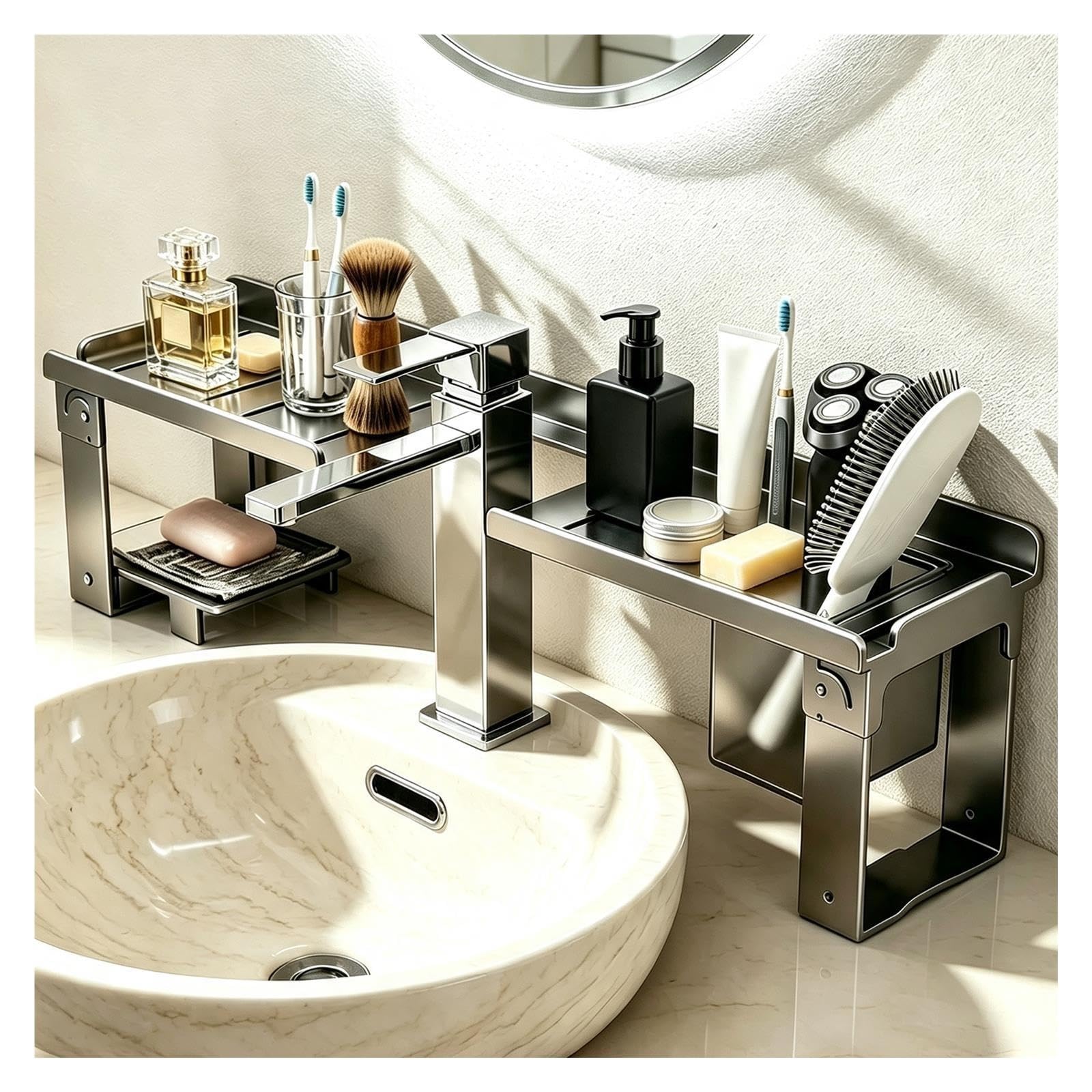 Waschbecken Ablage Hinter dem Wasserhahn, Organizer Ohne Bohren für Küche | Doppelseitiges Aufbewahrungsdesign Schafft Zusätzlichen Platz am Waschbecken, Keine Bohrung Erforderlich(L-50cm/19.7in)