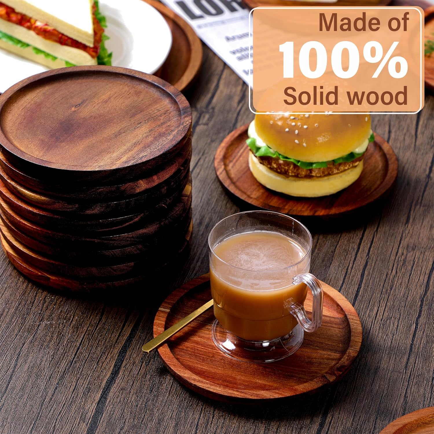 Gejoy 20 Set Acacia Wood Dinner Plates Round Wooden Charger Plates 6 Inch Serving Tray Lightweight, Unbreakable Natural Dinnerware Dishes for Steak, Snack, Dessert, Cake(Height 0.59 in) - Image 4