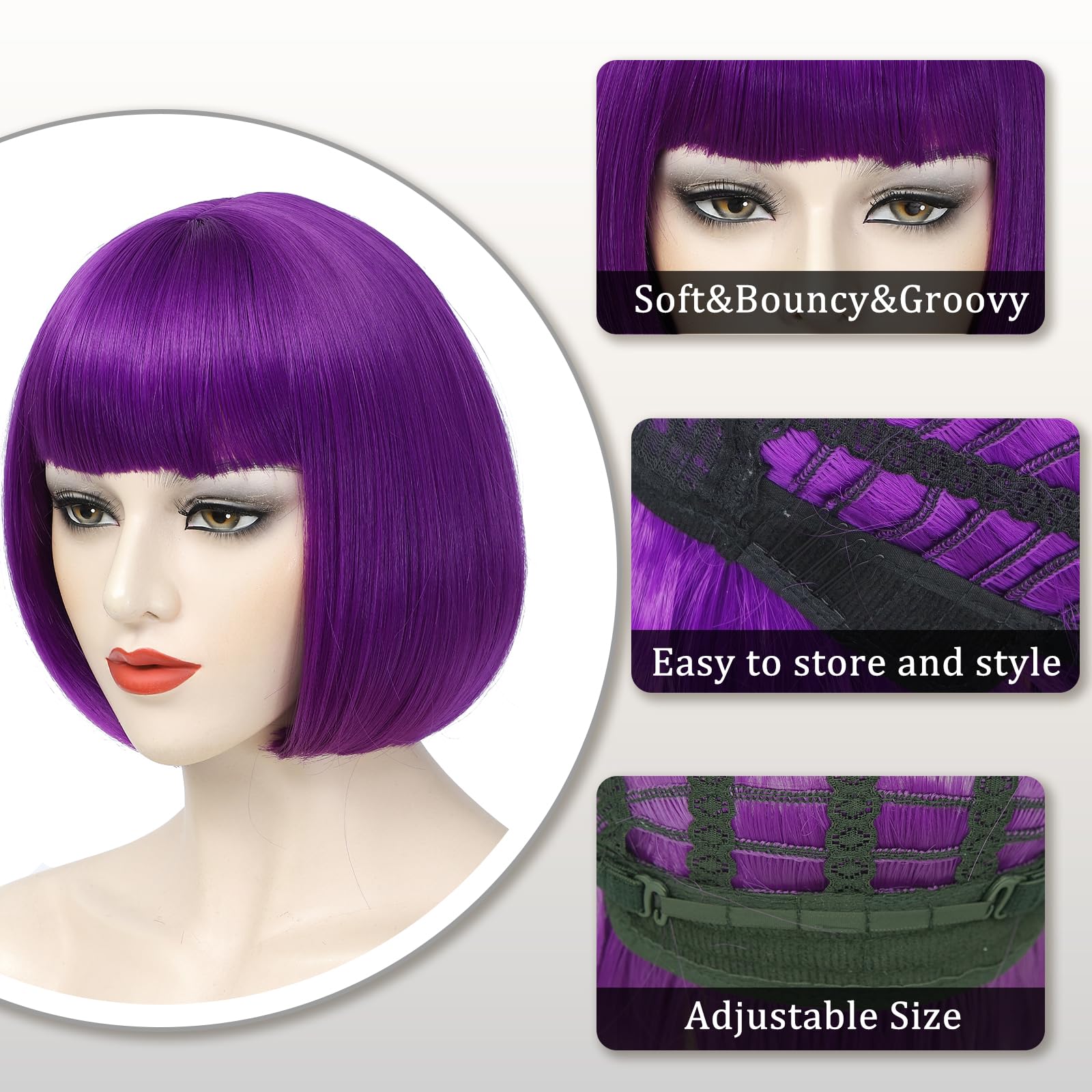 ?Purp Bang full Bob Wig? *NWT* ENTRANCED STYLES Fuchsia & Purple Wavy Curly Bob Wig with  main image 3