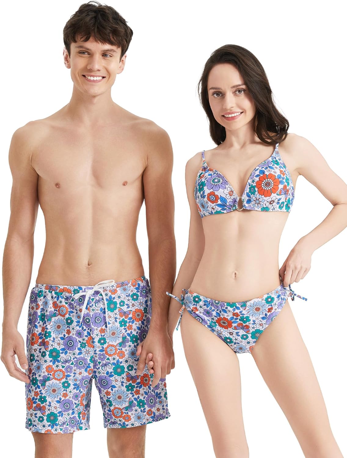 (Size M) PATPAT Matching Hawaiian Swimsuits for Couples Two Piece Bikini Sets or Swim Trunks Summer Beach Vacation Swimwear Men Medium Sketch Blue
