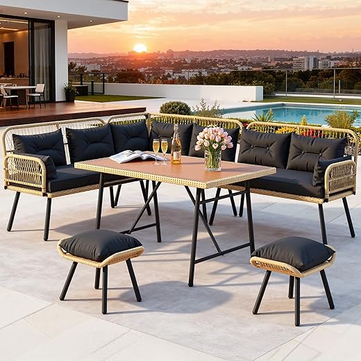 DWVO 9-Piece Patio Furniture Set Couch L Shape Outdoor Couch with Soft Cushions, Ottomans & Dining Table All-Weather Rattan Patio Conversation Set Outdoor Patio Sectional for Backyard Garden