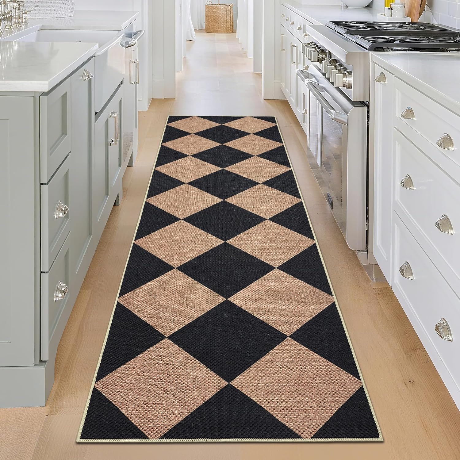 Garvee 2x6 Washable Runner Rug for Front Door Bedroom Bedside Entryway Easy Jute Area Rug Modern Checkered Farmhouse Rugs Black and Brwon Rug