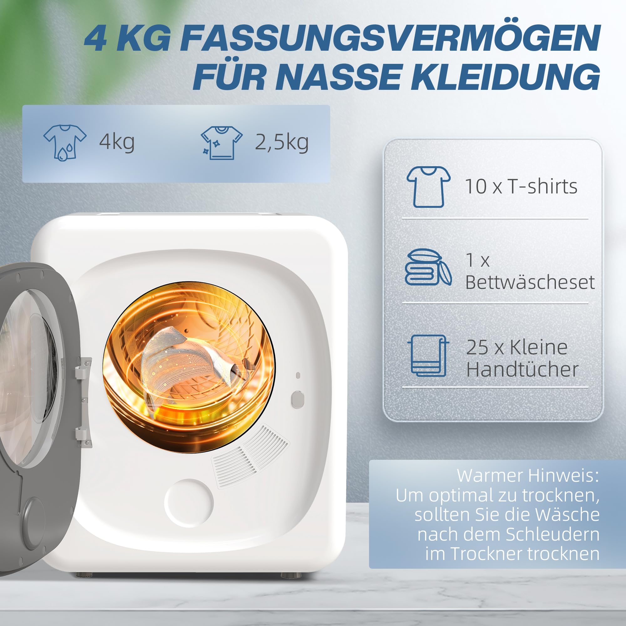 HOMCOM Mini Wäschetrockner mit 5 Programm 800 W 4 kg bis zu 60℃, Freistehend Wandmontierbar Ablufttrockner mit Smart-Sensor, Timer und Touch-Anzeige Trockner für Kleidung Weiß