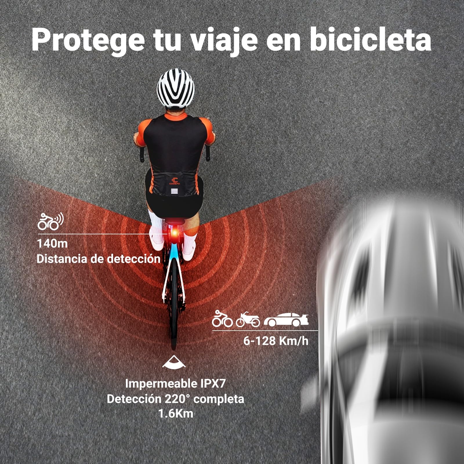 COOSPO TR70 Luz Trasera Radar Inteligente Bicicleta, 140m Detección, Bluetooth & Ant+ Conexión Dual, 7 Modos, 40h Batería, IP67 Impermeable VTT & Carretera