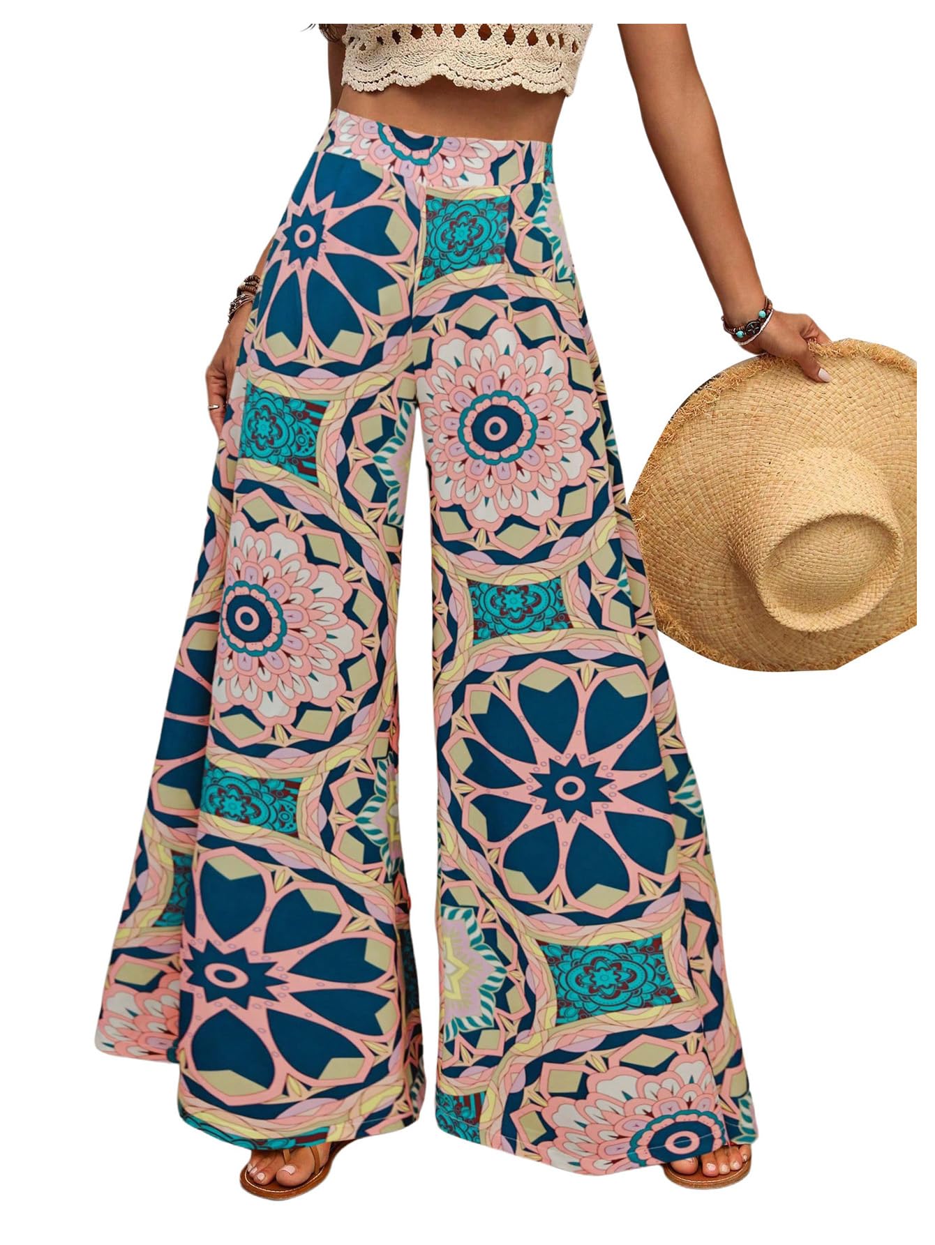 SHENHE Womens Summer Wide Leg Floral Flowy Palazzo Pants High Waisted Beach Boho Trousers