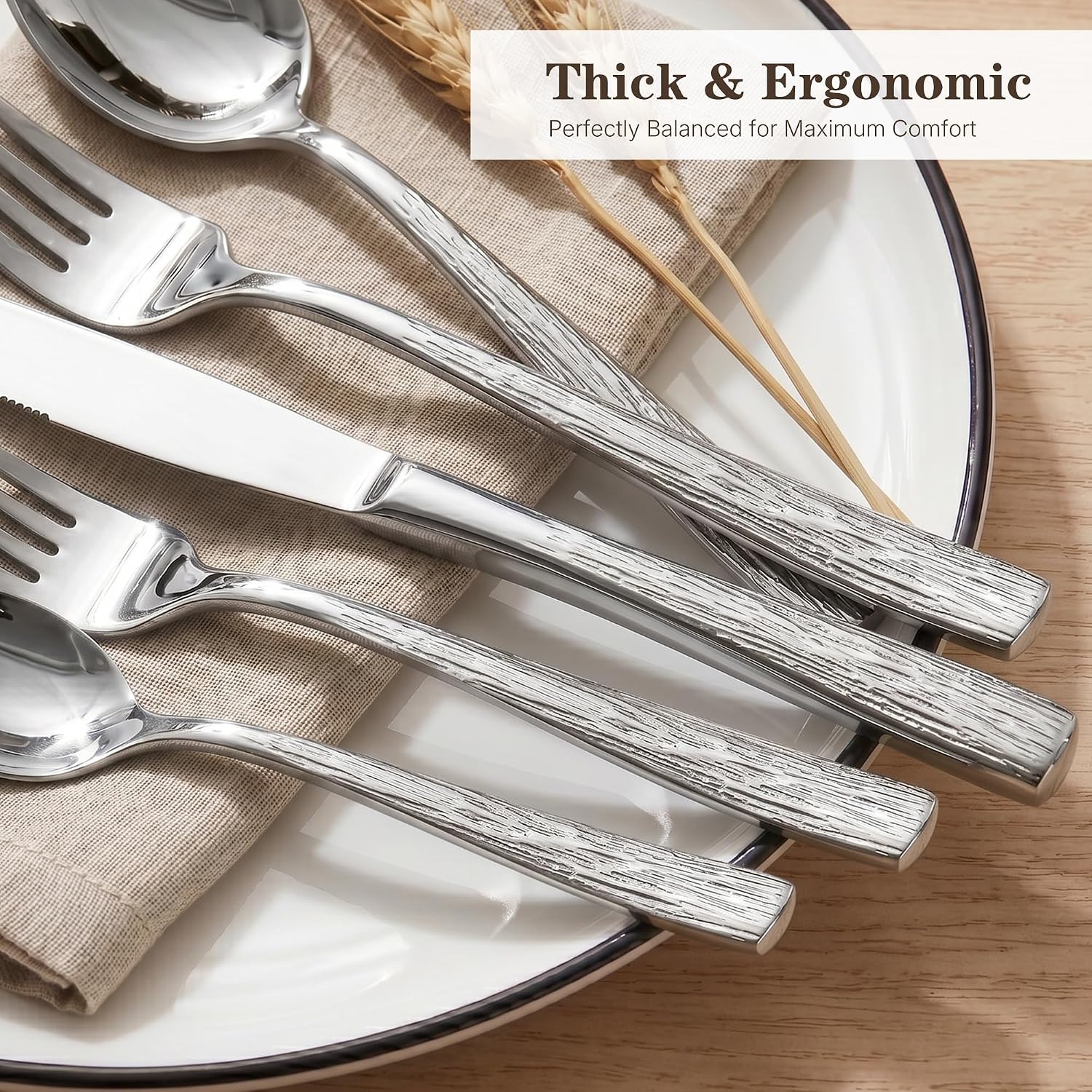 OSVSEE Hammered Silverware Set for 8, 40-Piece 18/10 Stainless Steel Flatware Set, Textured Cutlery with Ribbed Handles, Mirror Polished, Dishwasher Safe Silverware for Wedding & Housewarming