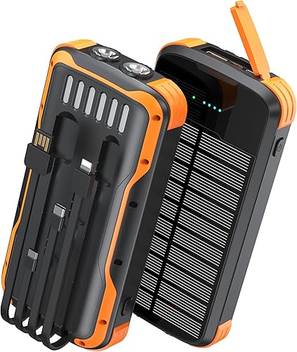 Cargador solar con cargador de batería externa PD de 20 W de carga rápida, cargador de teléfono portátil de 40000 mAh, 4 cables integrados con