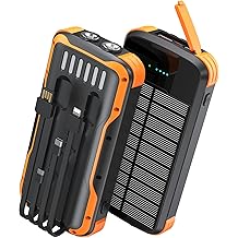 Solar Charger Power Bank, PD 20W Fast Charging External Batter, 40000mAh Portable Phone Charger Built in 4 Cables with Dual Bright Flashlights for Camping, Hiking, and Outdoor Use