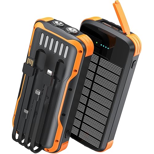 Solar Charger Power Bank, PD 20W Fast Charging External Batter, 40000mAh Portable Phone Charger Built in 4 Cables with Dual Bright Flashlights for Camping, Hiking, and Outdoor Use
