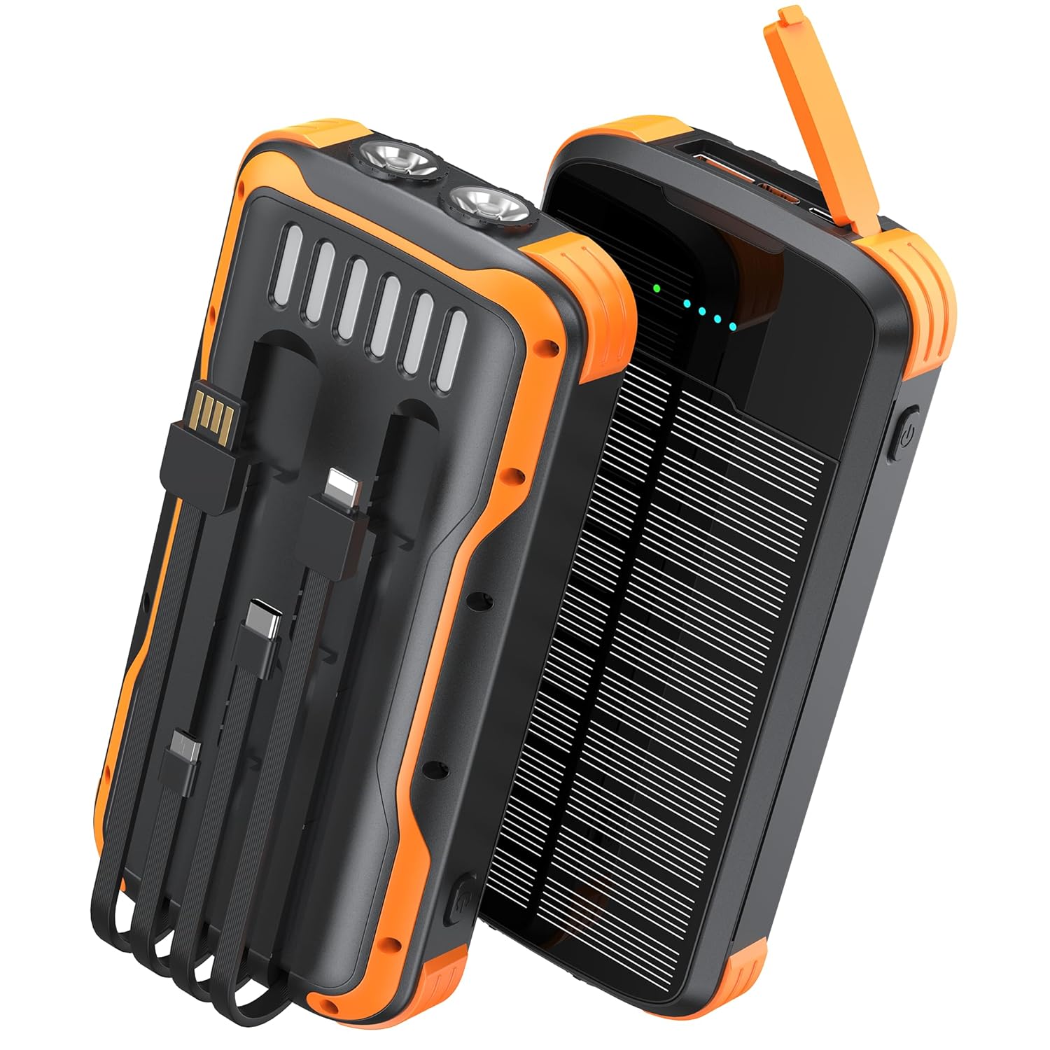 Solar Charger Power Bank, PD 20W Fast Charging External Batter, 40000mAh Portable Phone Charger Built in 4 Cables with Dual Bright Flashlights for Camping, Hiking, and Outdoor Use