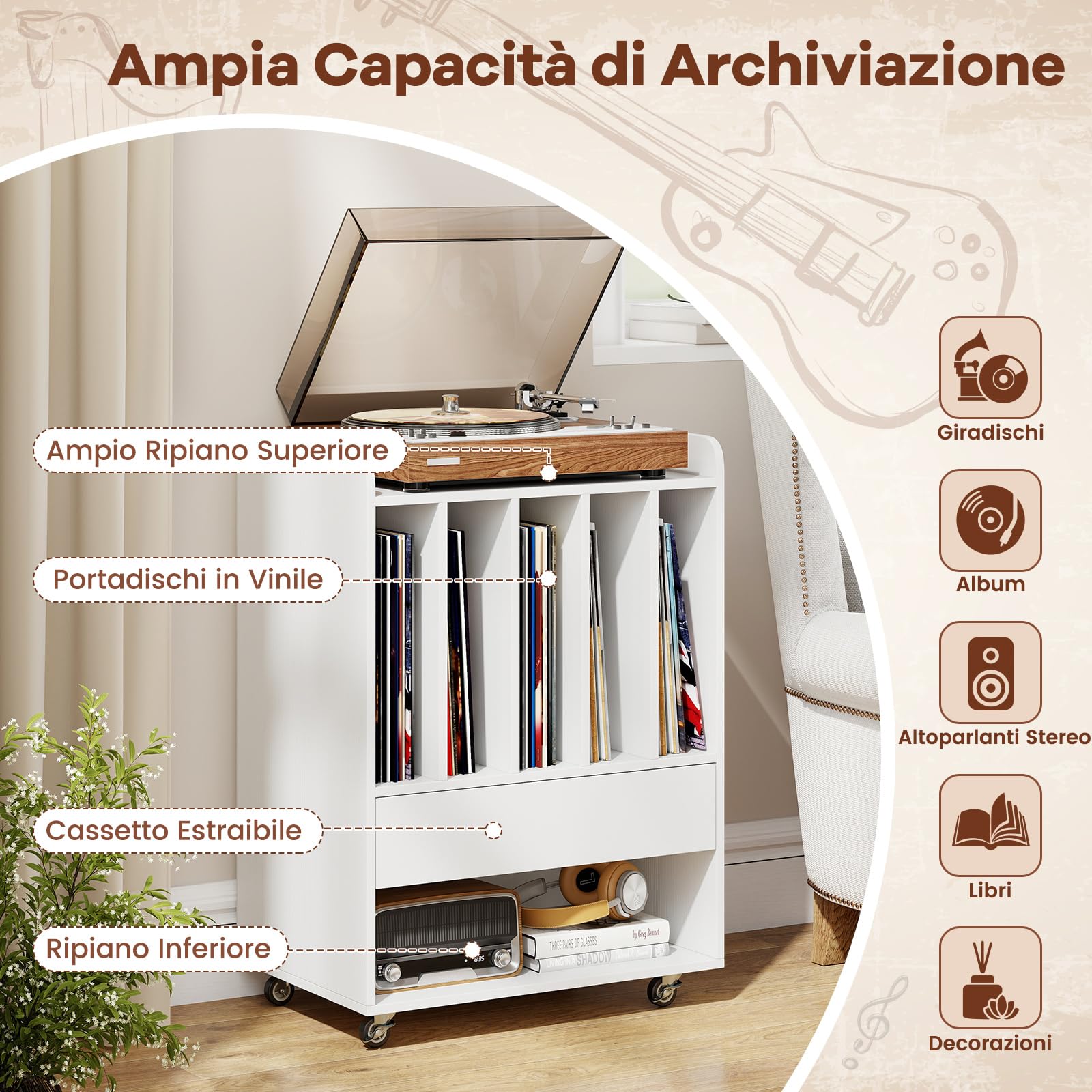 COSTWAY Mobile Porta Vinili con 4 Ruote Universali, Porta Dischi Vinile con Cassetto, Scomparto Aperto e Gancio Rimovibile, Mobile Giradischi Salvaspazio per Studio, Ufficio e Soggiorno (Bianco)