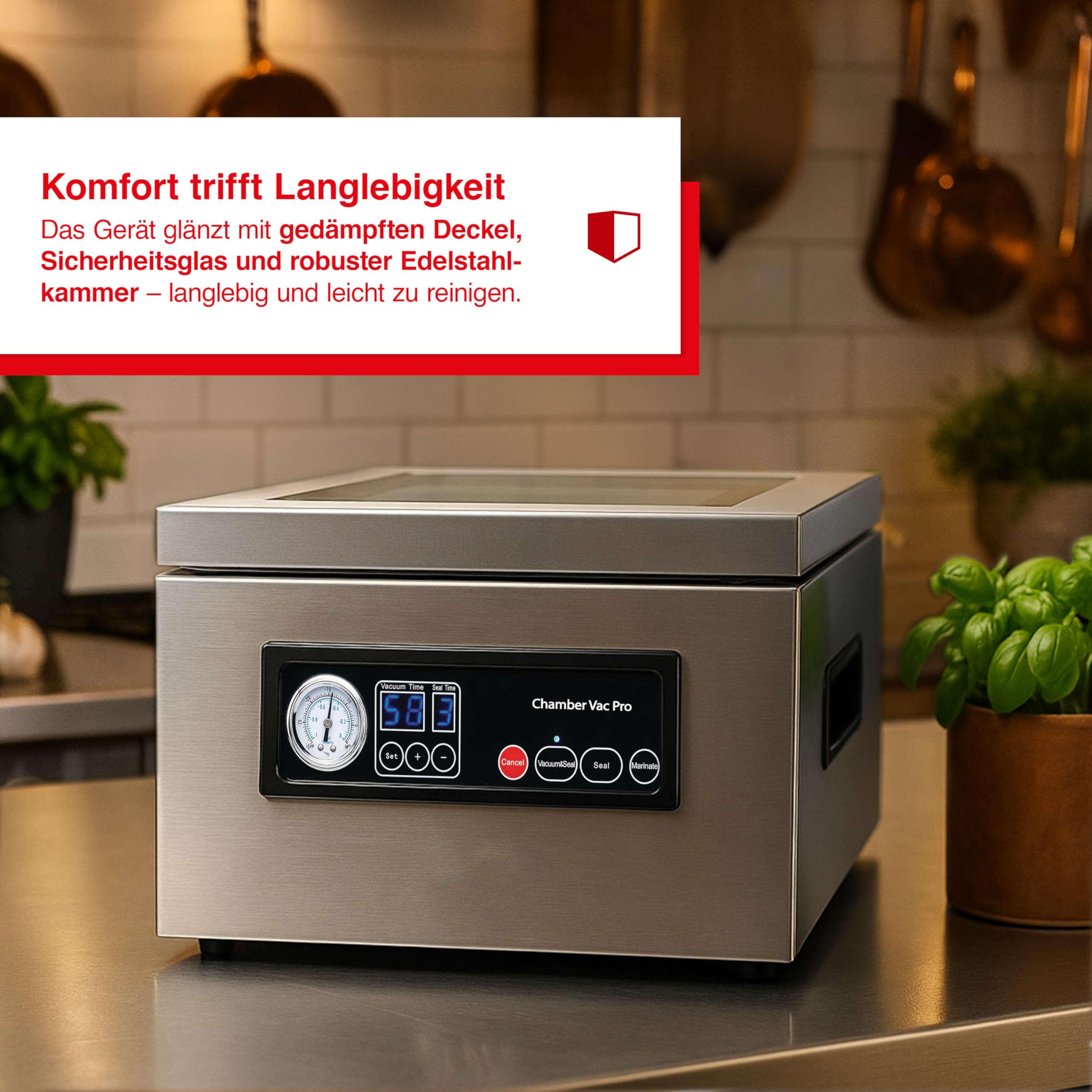 Solis Chamber Vac Pro 5702 Kammervakuumierer - Vakuumiergerät - Für Trockene und Feuchte Lebensmittel sowie Flüssigkeiten - Marinierfunktion - Inklusive 30 Vakuumbeutel - 7L Fassungsvermögen | 7L Kammer, 4 Pumpen, 350W, Flüssigkeiten vakuumieren, Marinier
