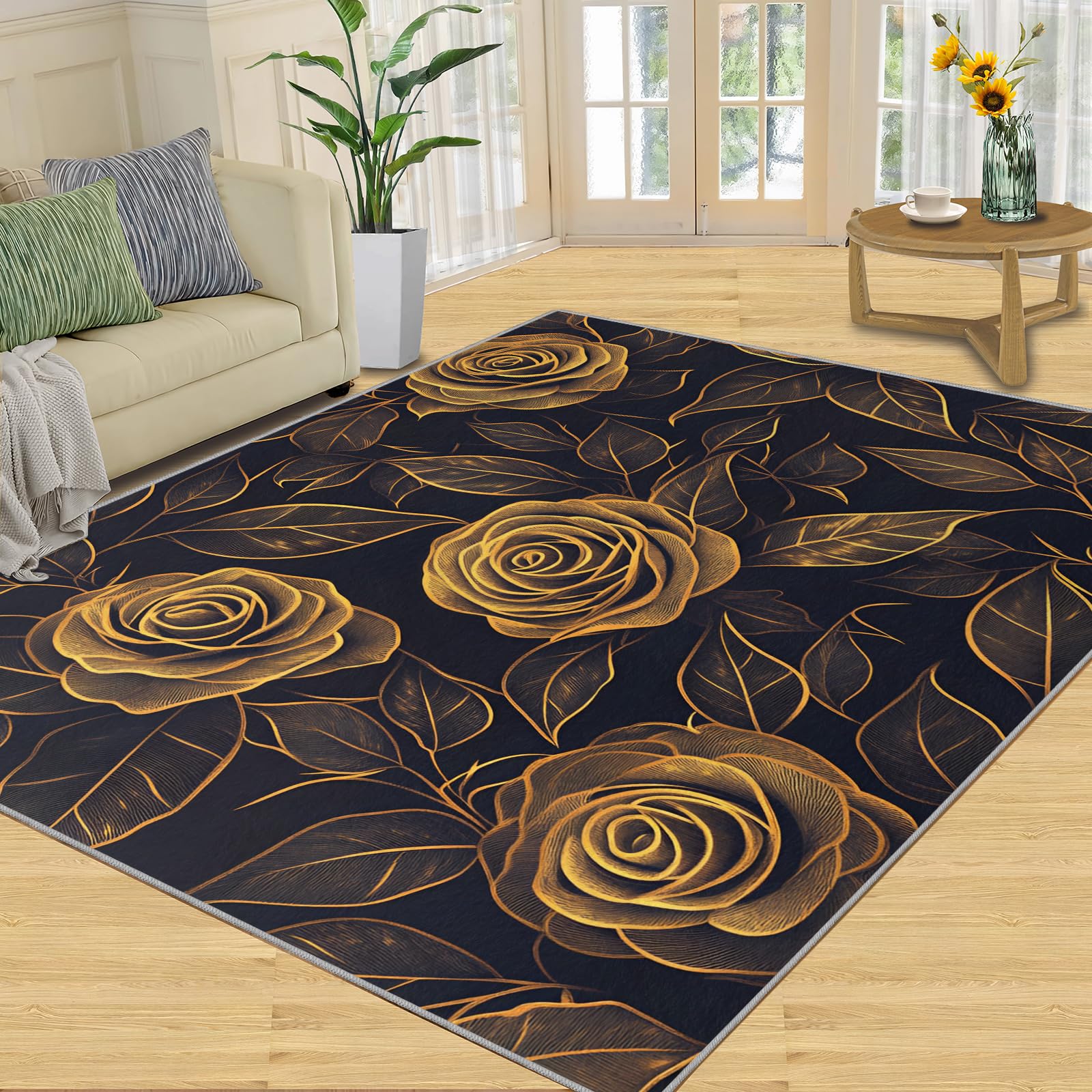 FBRUIEG Golden Rose Rugs for Boys Room, Abstract Line Flowers Area Rug, Machine Washable Kids Rug for Indoor Outdoor Hardwood Floors Home Decor 60x110cm