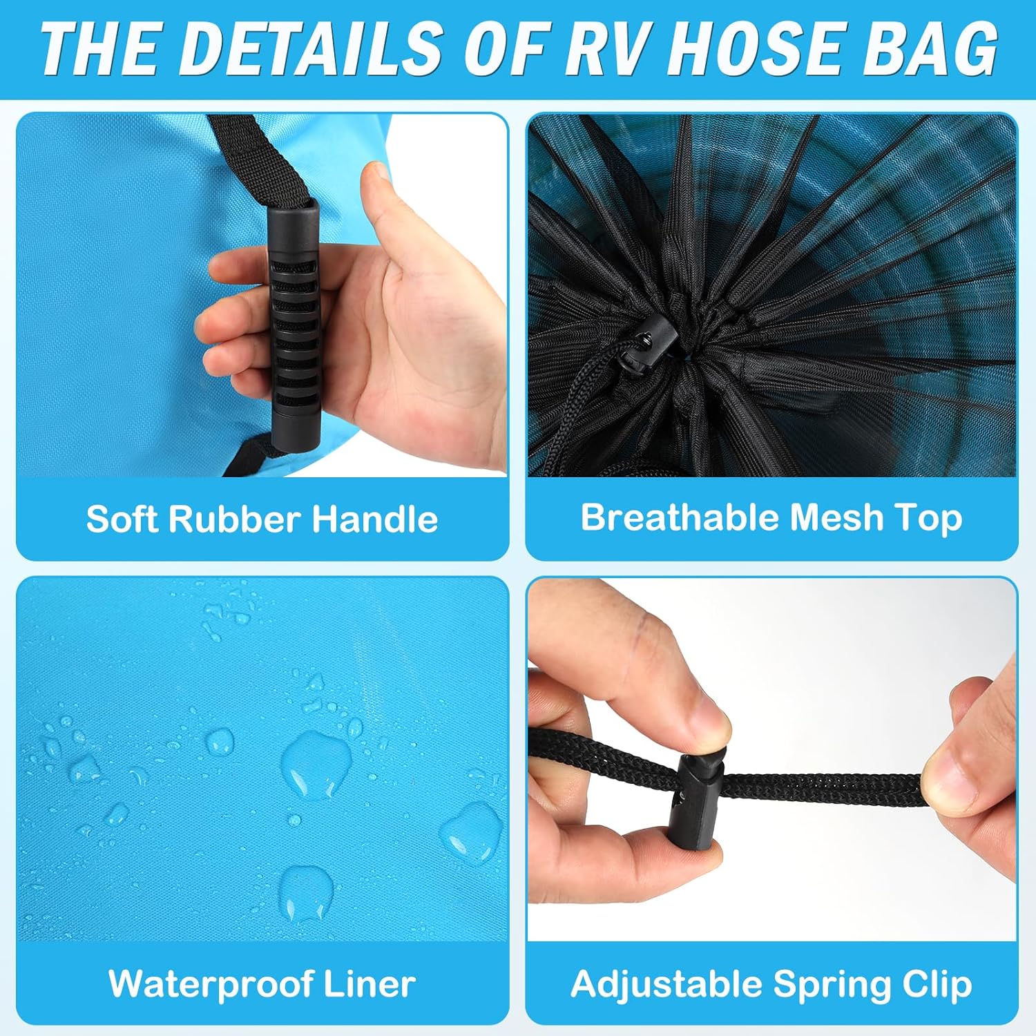 5 Pack RV Sewer Hose Storage with Drawstring Mesh Top, Waterproof RV Accessories Bags Utility Bag Organizer for Garden Fresh Water Hoses Electrical Cords Camper Tools