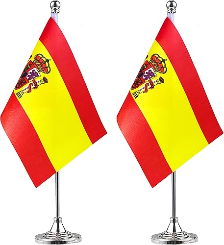 WXTWK Paquete de 2 banderas de escritorio de España, pequeñas mini banderas de mesa españolas con base de soporte, decoración de celebración de
