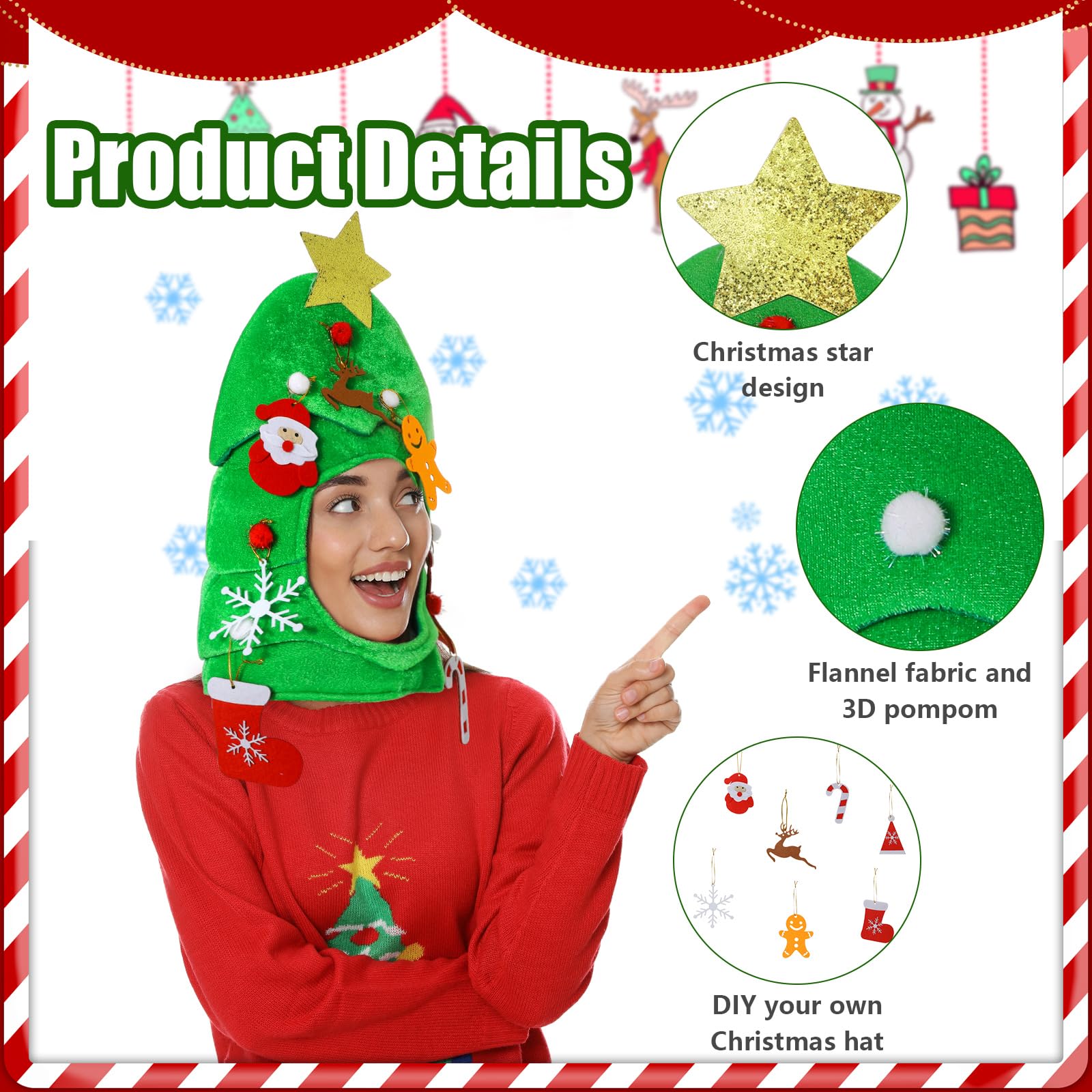 Christmas Tree Hat with 7PCS Felt Christmas Tree Ornaments Set, Funny Christmas Hats Christmas Party Hats - Image 2
