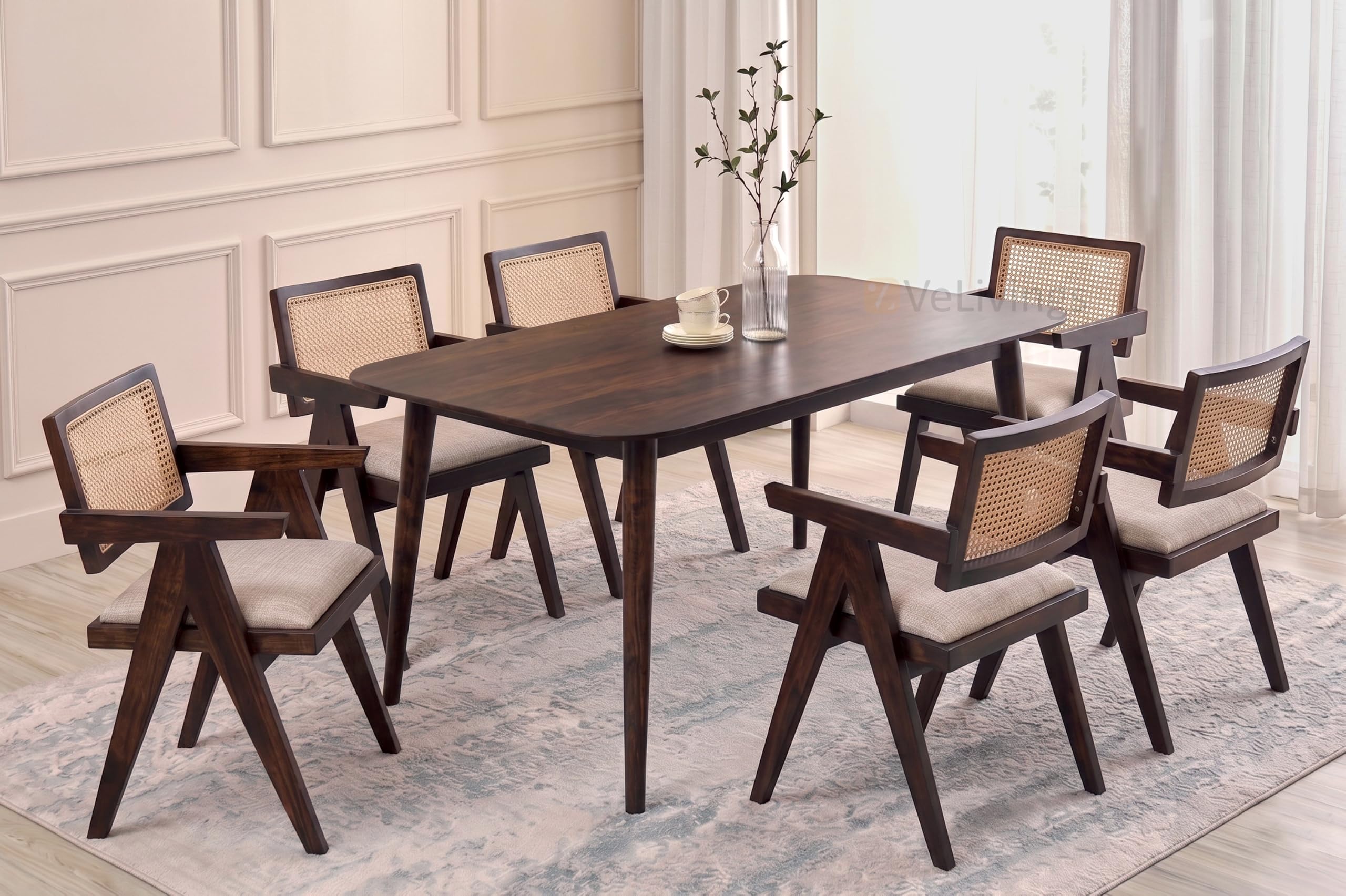 VeLivings Solid Sheesham Wood 6 Seater Dining Table Set with Cane Back Chairs with Cushions for Dining Room | Living Room | Home & Office | Hotels Restaurant & Cafe (WalnutFinish)-image-48