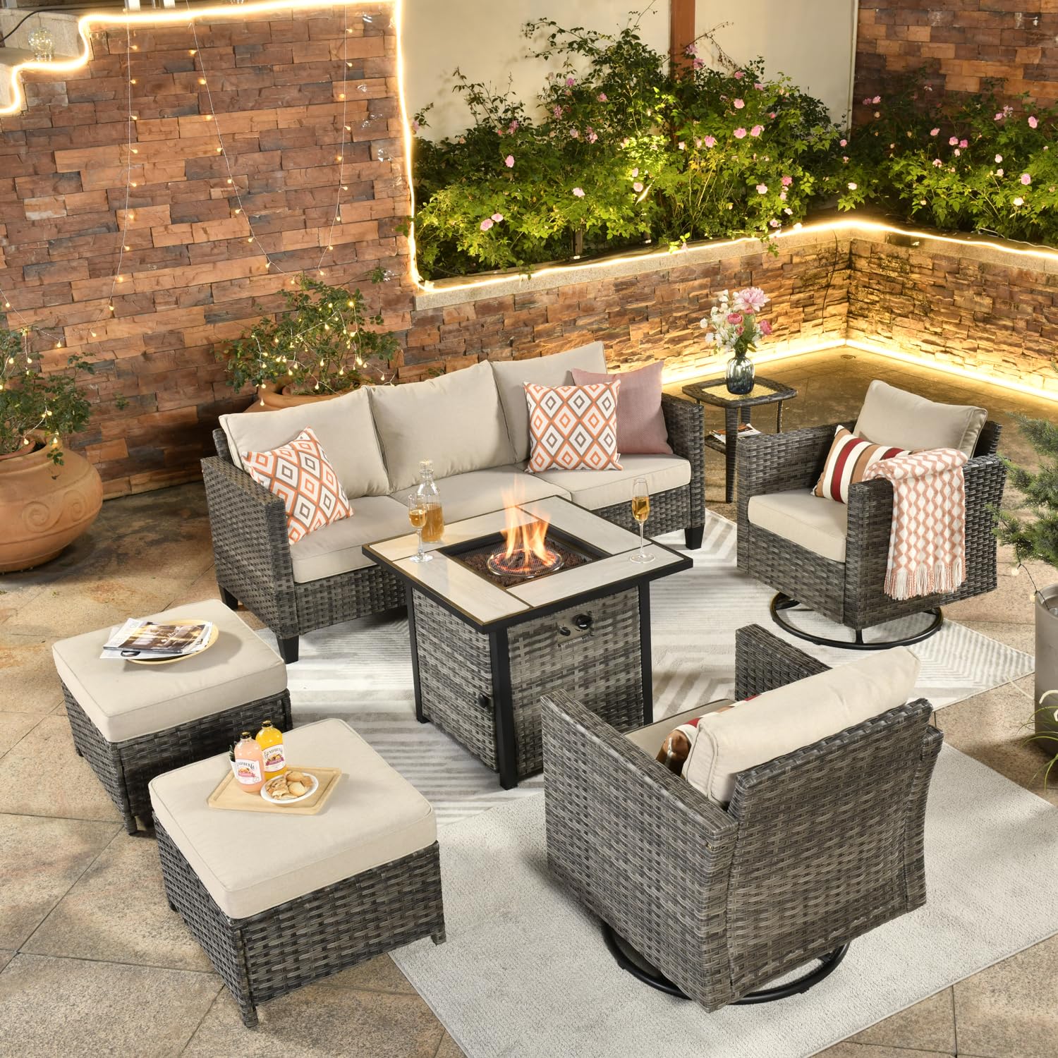 ovios Pieces Patio Furniture Set with Square Fire Pit Table, Swivel  Rocking Chairs, Outdoor High Back Wicker Rattan Conversation Set for Deck  Porch