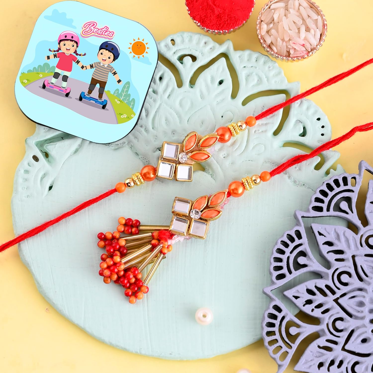 CraftVatika Rakhi Gift Combo for Brother and Bhabhi, Couple Pair Rakhi for Bhaiya Bhabhi with Fridge Magnet Gift Set, Rakshabandhan Rakhi Gift, Kundan Rakhi with Fridge Magnet for Door Decor