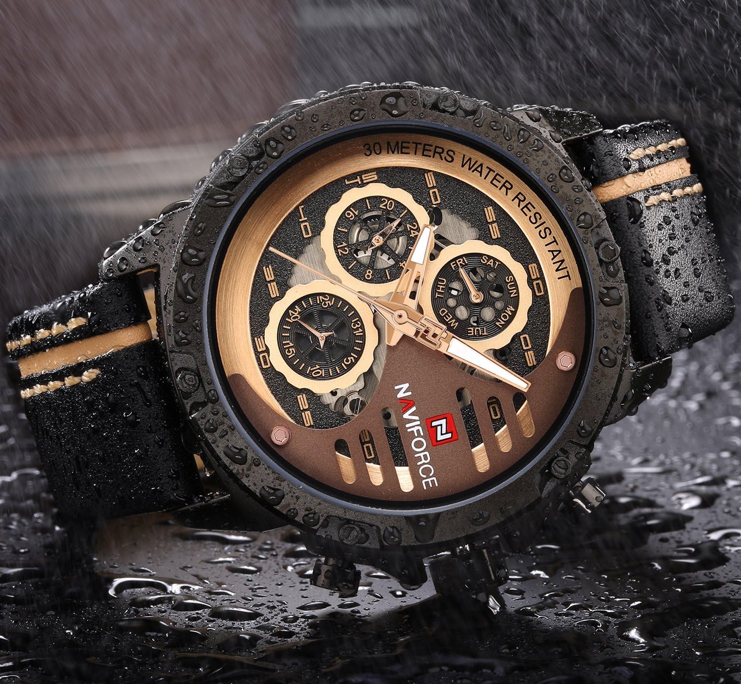 NAVIFORCE Orologio sportivo militare da uomo, impermeabile, analogico, al quarzo, cinturino in pelle, con data e calendario