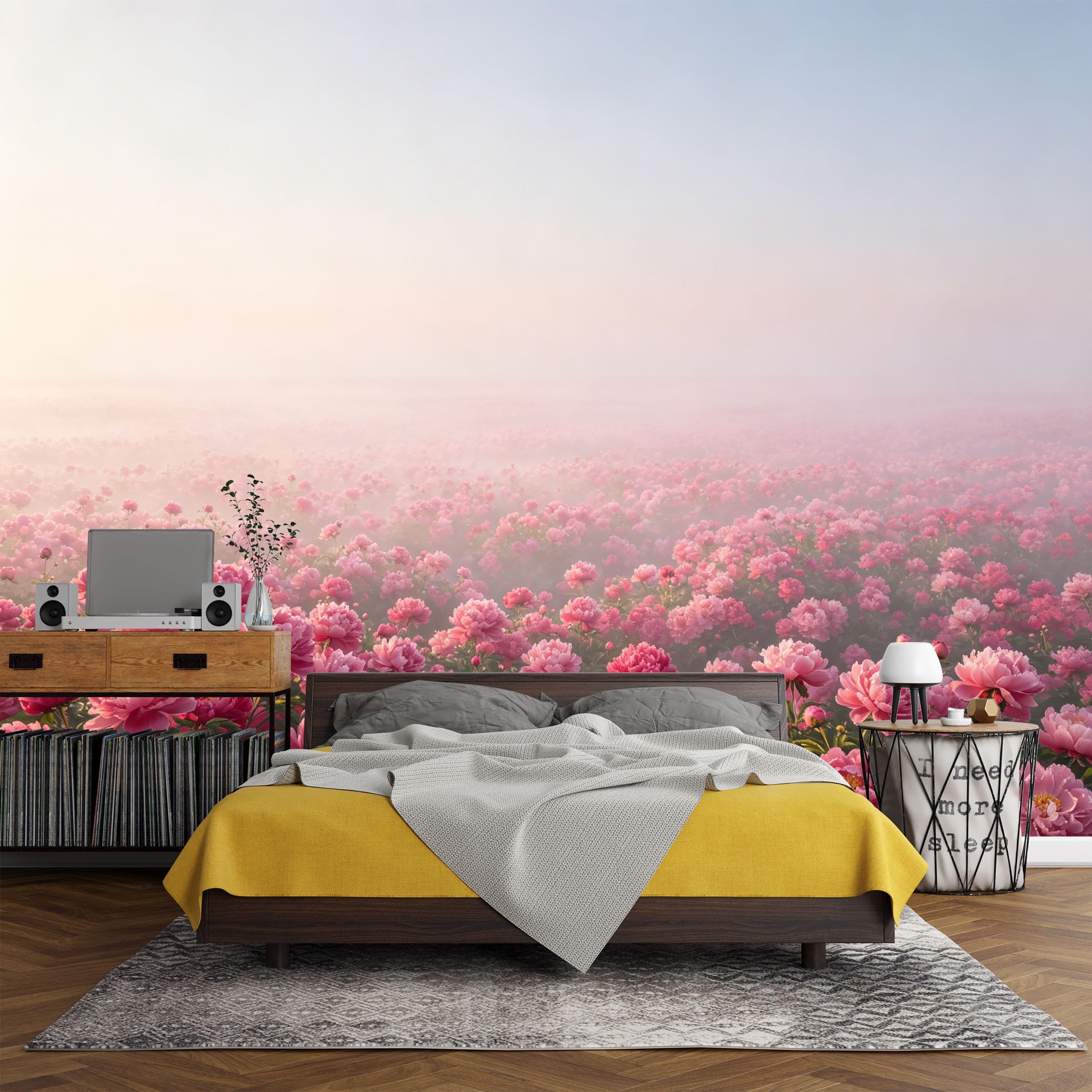 Custom Size Wall Mural Botanical Pink Peony Flower Field Foggy Morning，SelfAdhesive Art Prints wall Fabric（No PVC） Removable Wallpaper Living Room Decor