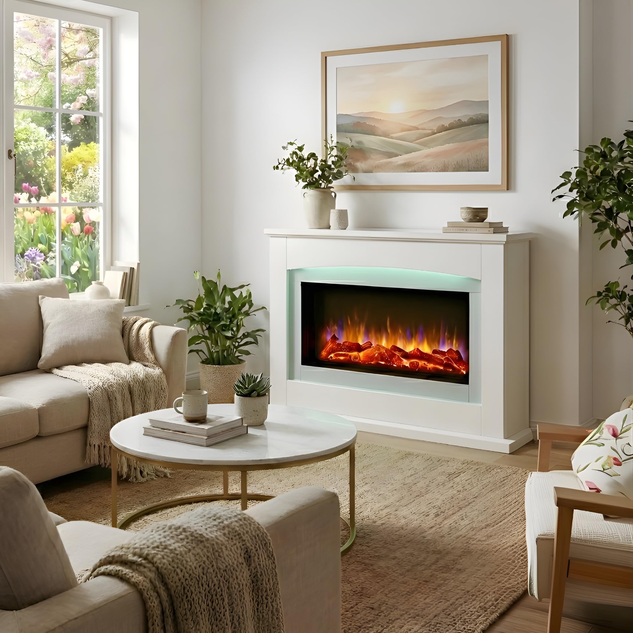 Endeavour Fires Chimenea Eléctrica Danby de 120cm/48'' con Efecto de Llama Realista y Control Remoto Programable de 7 Días en un Entorno de Chimenea Blanco
