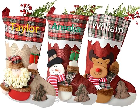 Personalized Christmas Stockings with Name, Custom Plaid Christmas Stocking Hanging Decorations for Holiday, Kids, Family, Fireplace, Xmas Gifts 3D Stockings Snowman/Deer/Santa 1PCS