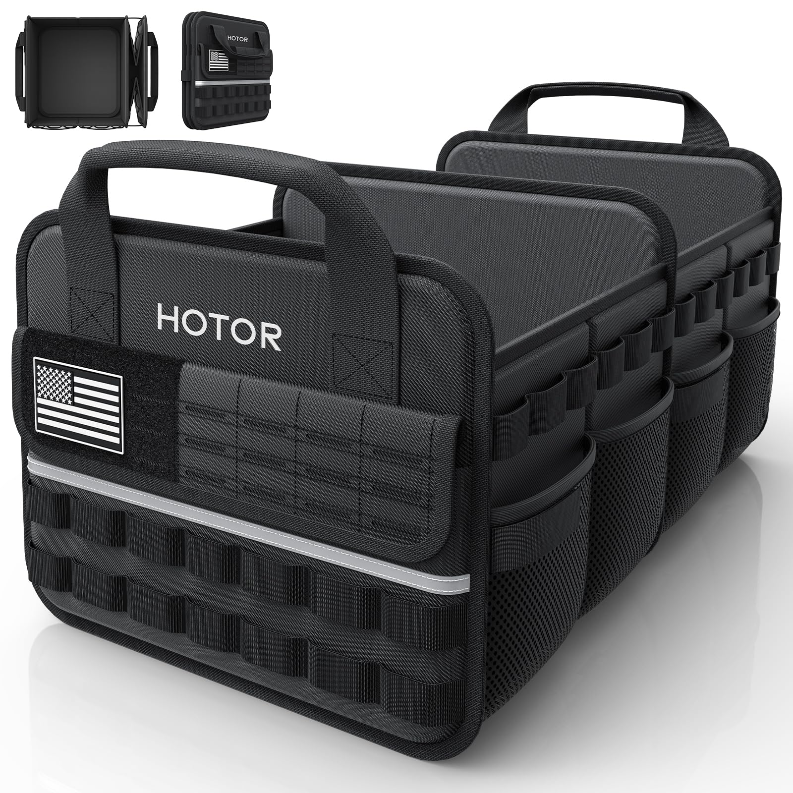 HOTOR Tactical Car Trunk Organizer - Foldable Trunk Organizer for SUV with Front MOLLE Pocket Reflective Strips Essential