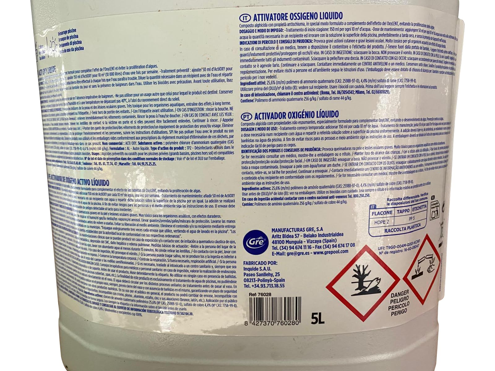 GRE 76028 – Acti Oxy: Activateur Oxygène 5L pour la Bonne Oxygénation de Votre Piscine