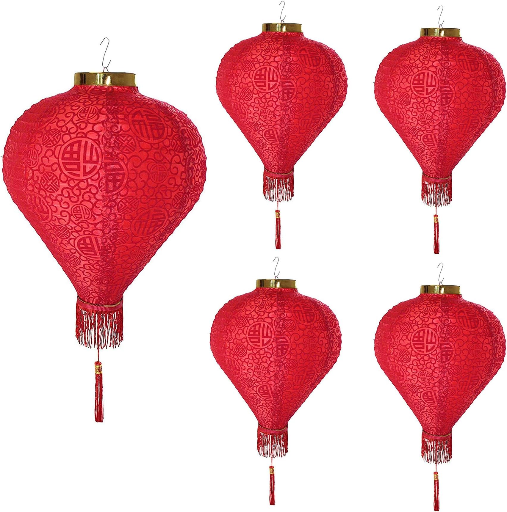 14" (Set of 5) Red Good Fortune (Fu) Oriental Chinese Japanese Paper Nylon Lantern Festival Decoration for Wedding, New Year, Chinese Spring Festival, Celebration Party Decor ~