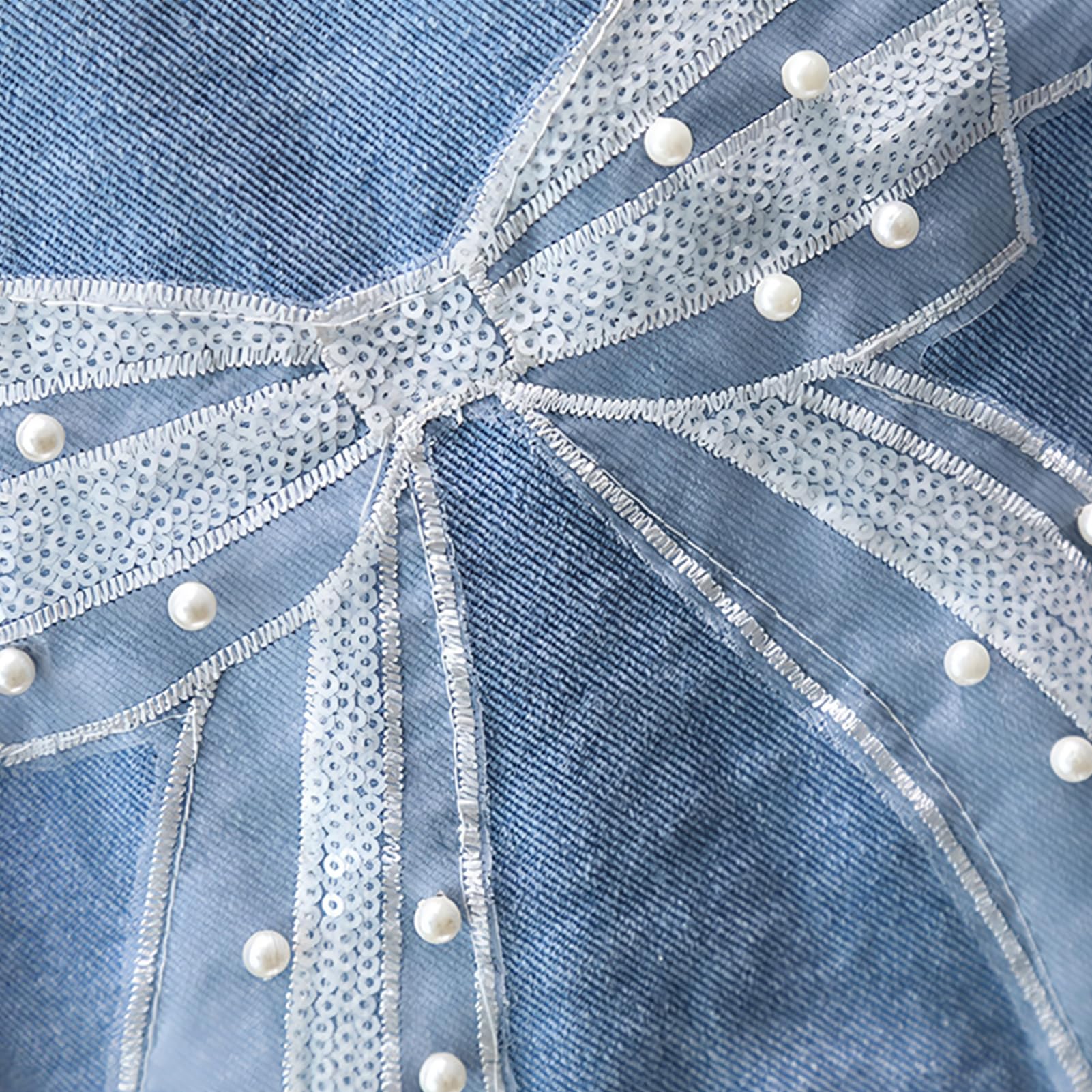 Veste en Jean pour Enfants avec Fleurs Brodées Fille Manteau en Denim avec Bow Outdoor Jacket