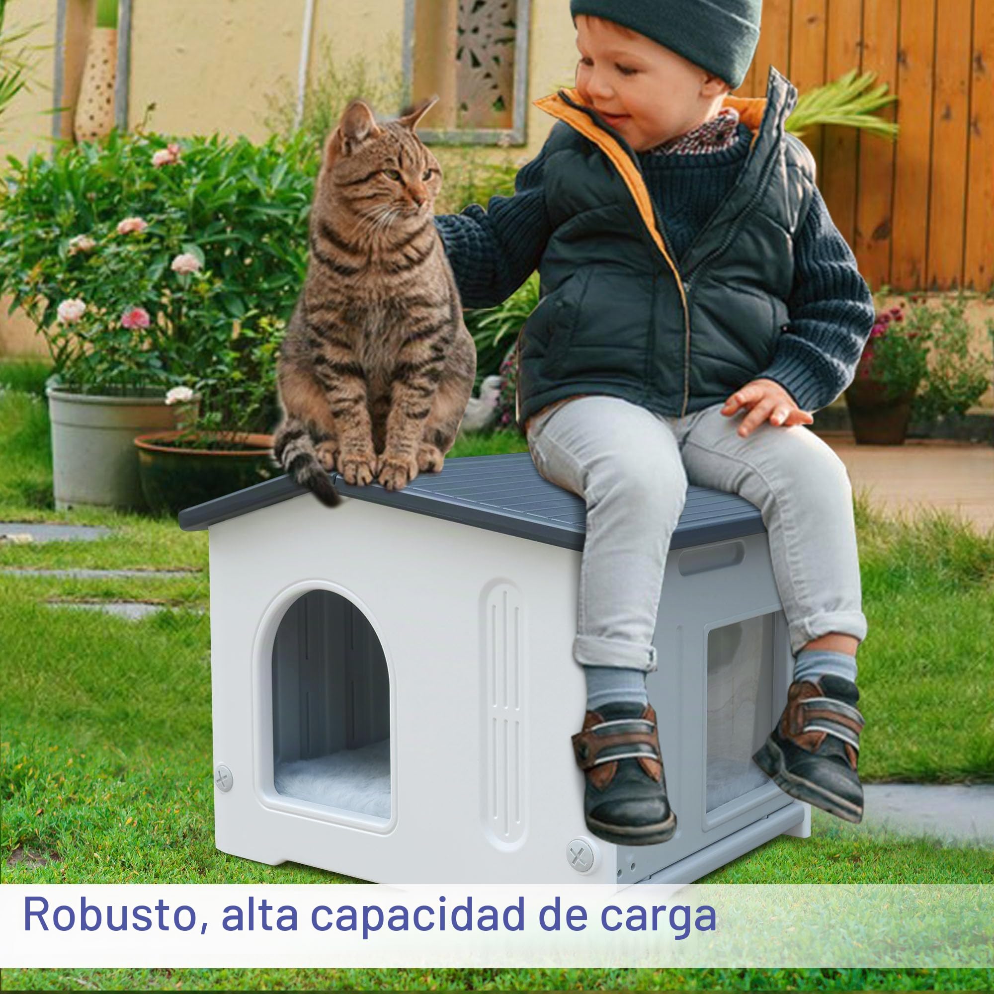 Caseta para gatos de interior de plástico salvaje - Casa al aire libre para gatos y cachorros - Gris