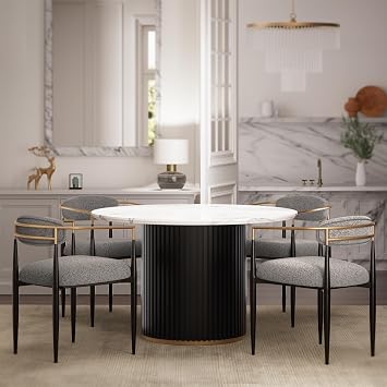 Morden Fort Round Dining Table Set for 4, 47" Modern Dining Table with White Marble Top and 4 Upholstered Chairs, Kitchen Table and Chairs Set for Restaurant and Reception