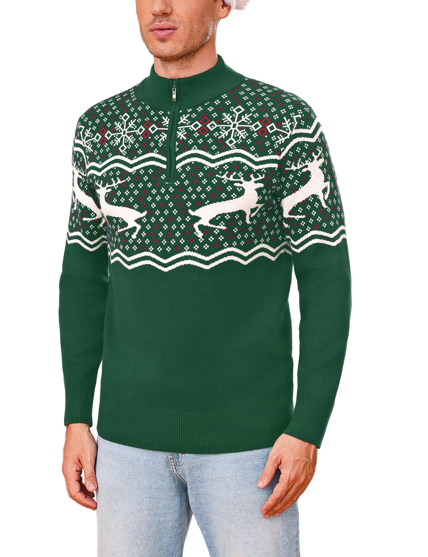 Jersey de Navidad para Hombre Invierno Cuello Alto con Media Cremallera Suéter de Navideñas Punto de Manga Larga S-3XL