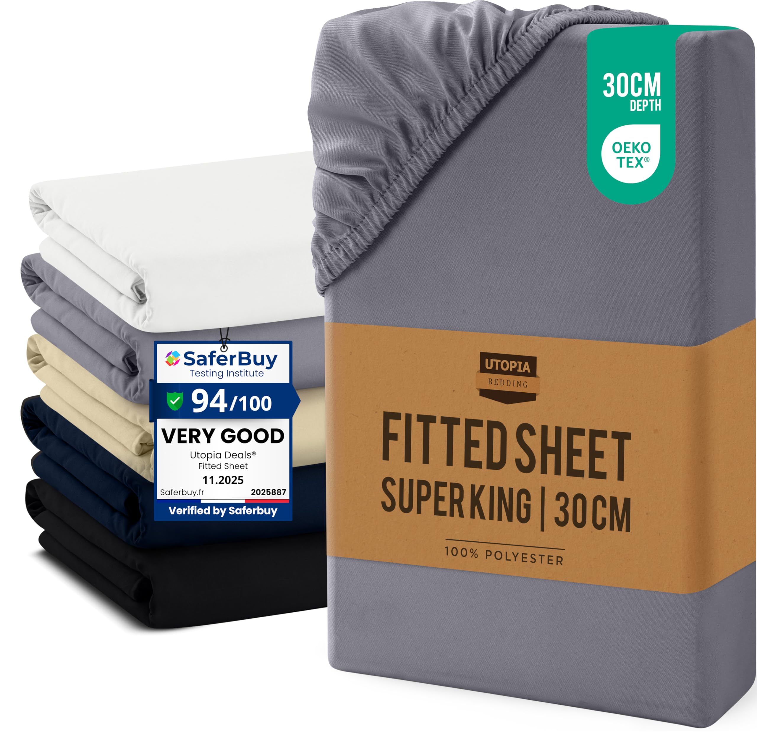 Utopia Bedding Super King Fitted Sheet, Grey - Up to 12 Inch (30cm) Deep - Easy Care - Soft Brushed Microfibre Fabric - Shrinkage and Fade Resistant - Oeko-Tex Certified - Bottom Sheet