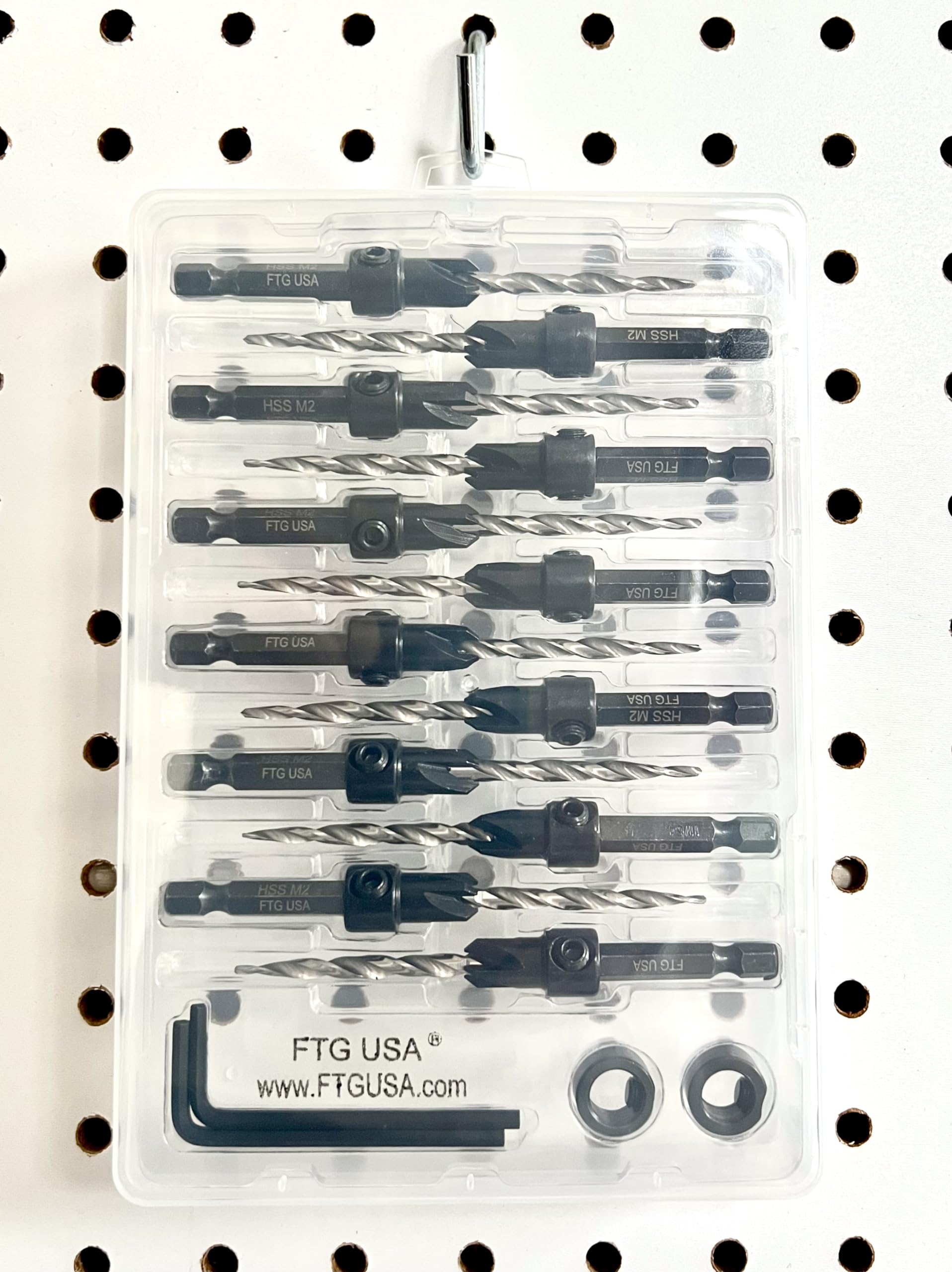 FTG USA Juego de 12 brocas avellanadas #8 (11/64 pulgadas) con cuello de tope de profundidad, llave hexagonal, brocas cónicas para madera