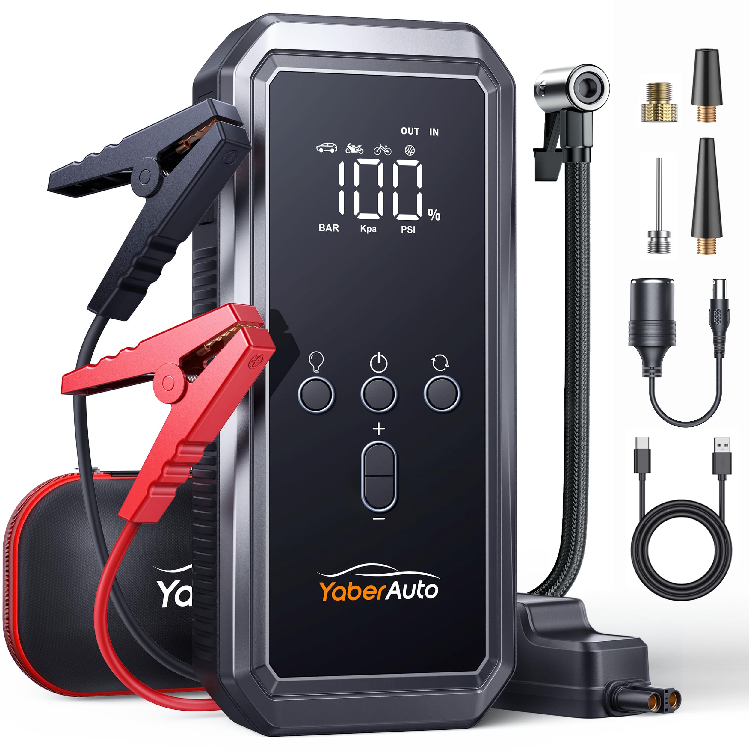 5000A Auto Starthilfe, YaberAuto Starthilfe Powerbank mit 150PSI Kompressor, 21,800mAh Powerbank mit 300 Lumen Notlicht, 4 in 1 Powerbank als Starthilfe mit LCD Bildschirm, YA70