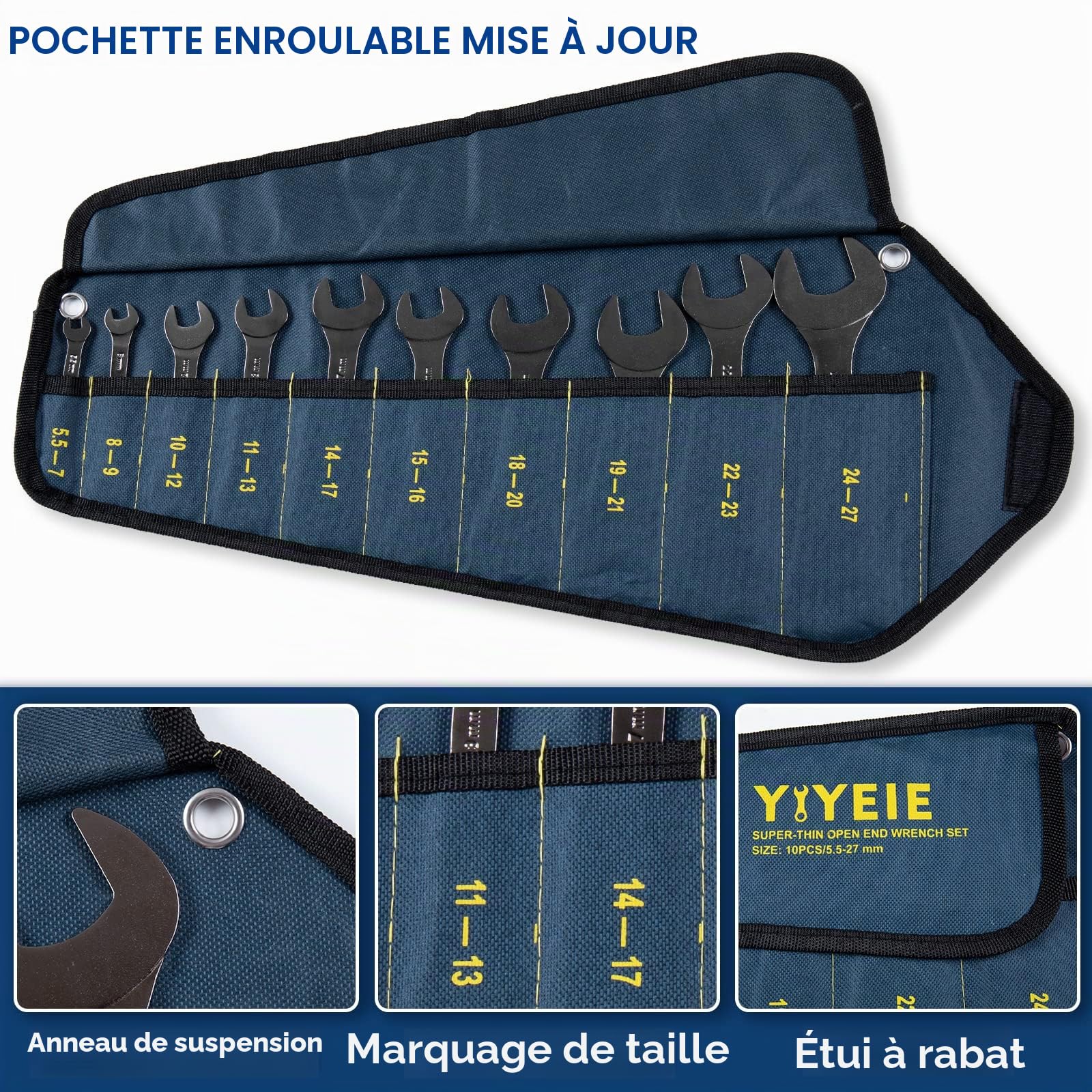 YIYEIE Jeu de 10 clés plates super fines à extrémité ouverte, métriques, 5,5, 7, 8, 9, 10, 11, 12, 13, 14, 15, 16, 17, 18, 19, 20, 21, 22, 23, 24, 27 mm, revêtement nickel, acier CR-V, clé fine avec