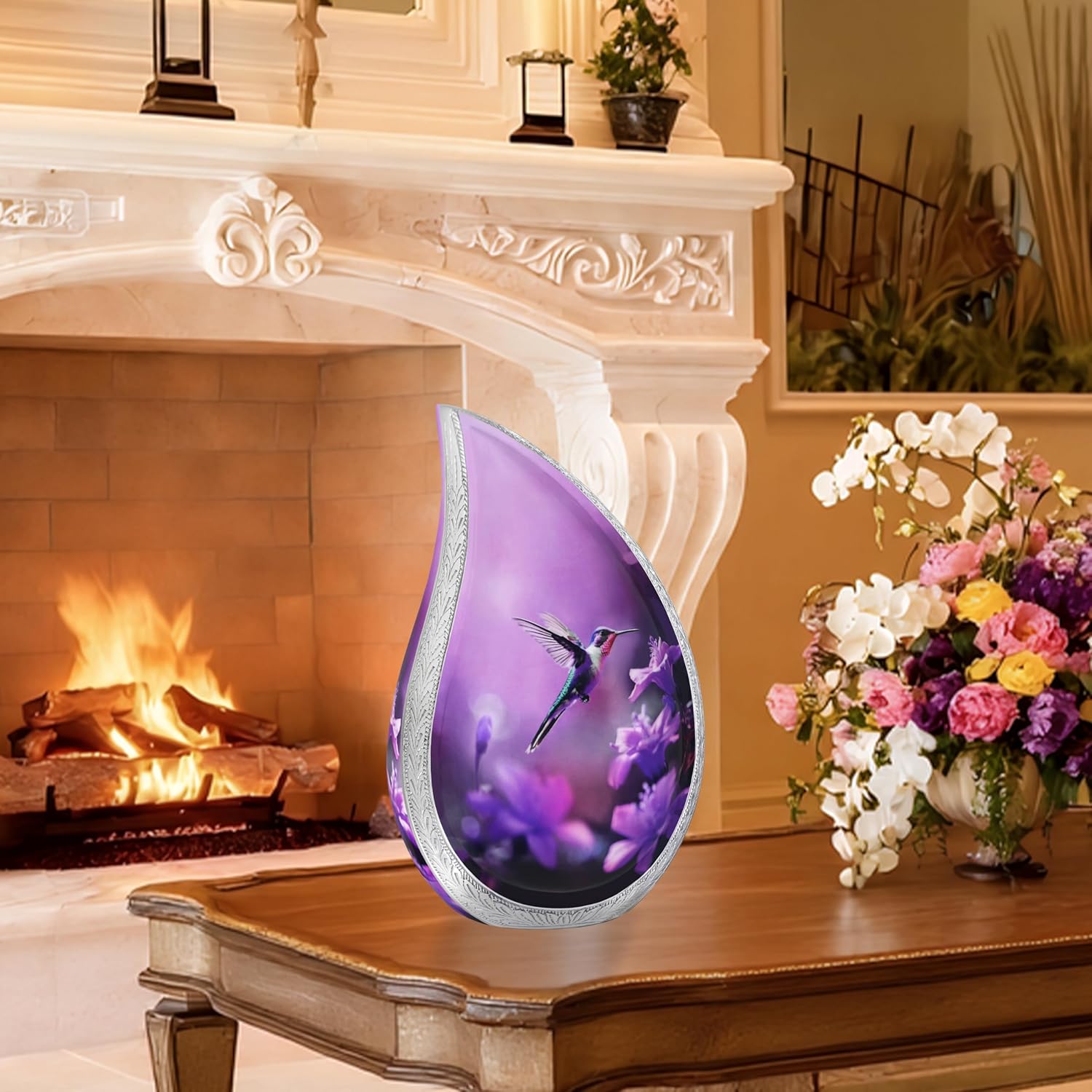 Urn for Ashes for Women & Male, Cremation Urns for Human Ashes Adult Female and Man, Funeral Urn, Large Tear Drop Model Decorative, Burial, Purple Flower with Hummingbird - Full Size Teardrop - Image 6