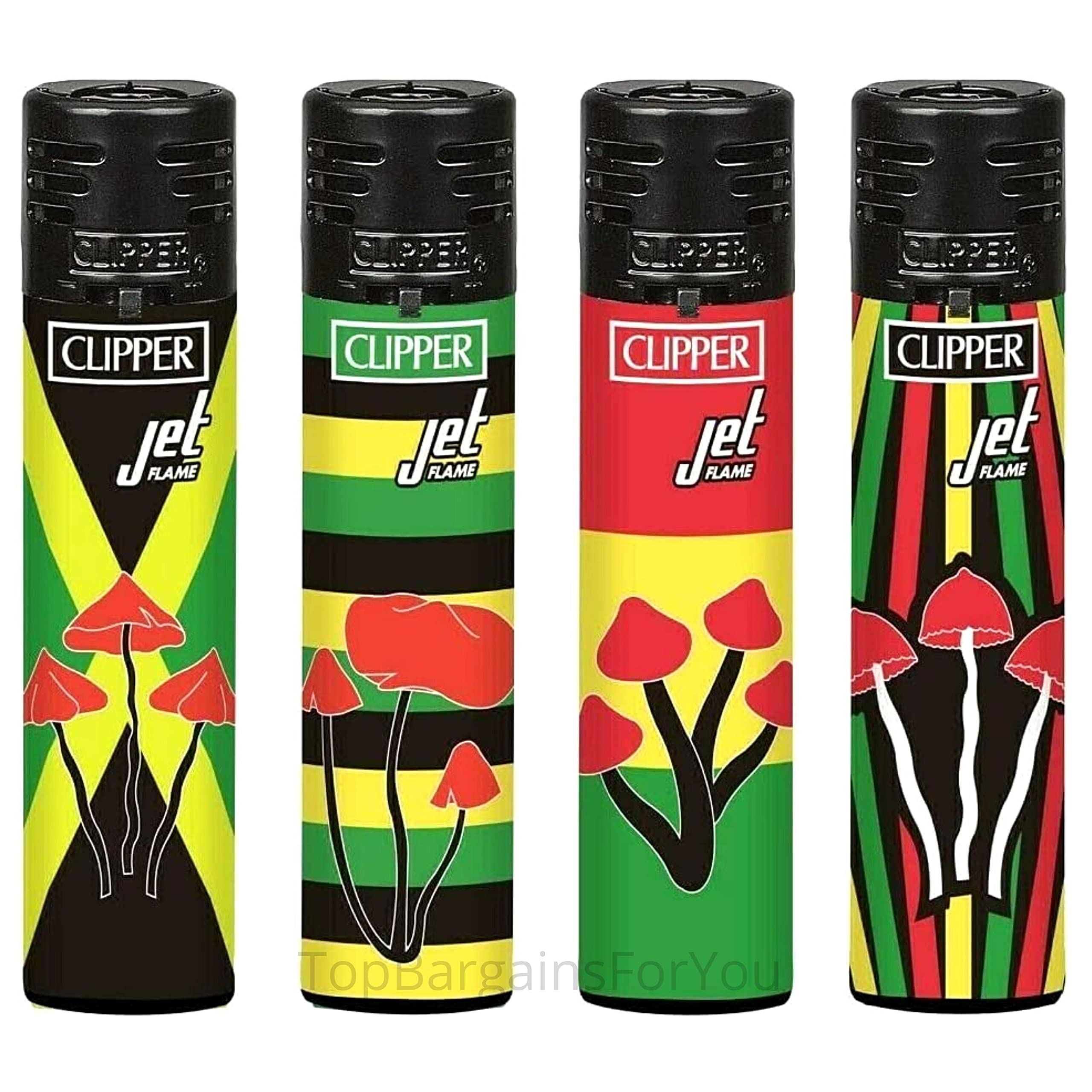 Zactly Multicolour - 4 X Clipper Lighters Round Jet Black Silver Top Windproof Refillable (Mushroom)
