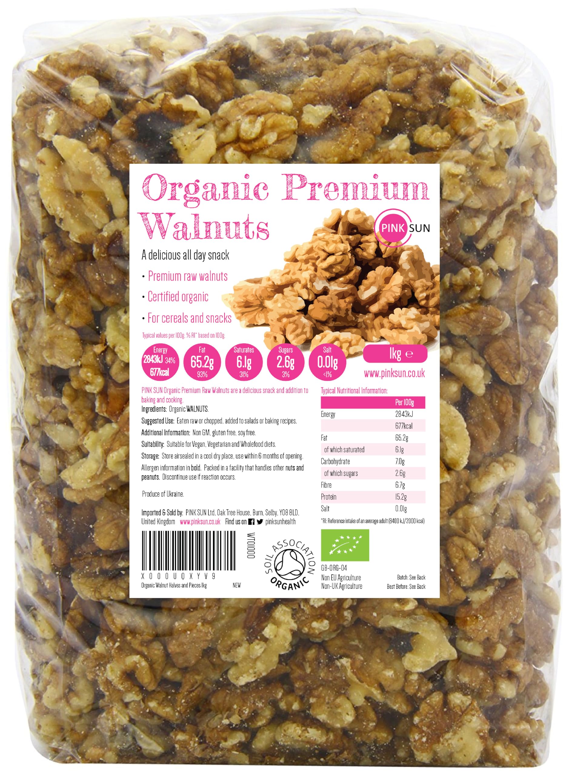 PINK SUN Organic Walnut Halves 1kg (or 2kg 3kg 5kg) Raw Natural Nuts Walnuts Unsalted Whole Foods Skins On Kernels Unpasteurised Unroasted Gluten Free Vegetarian Vegan Bio Bulk Buy 1000g
