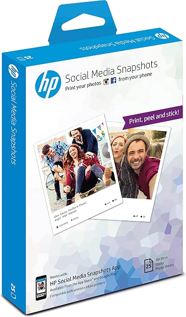 HP W2G60A, 10 x 13 cm, Social Media Snapshots Removable Sticky Photo Paper, 265 gsm, 25 Sheets, White