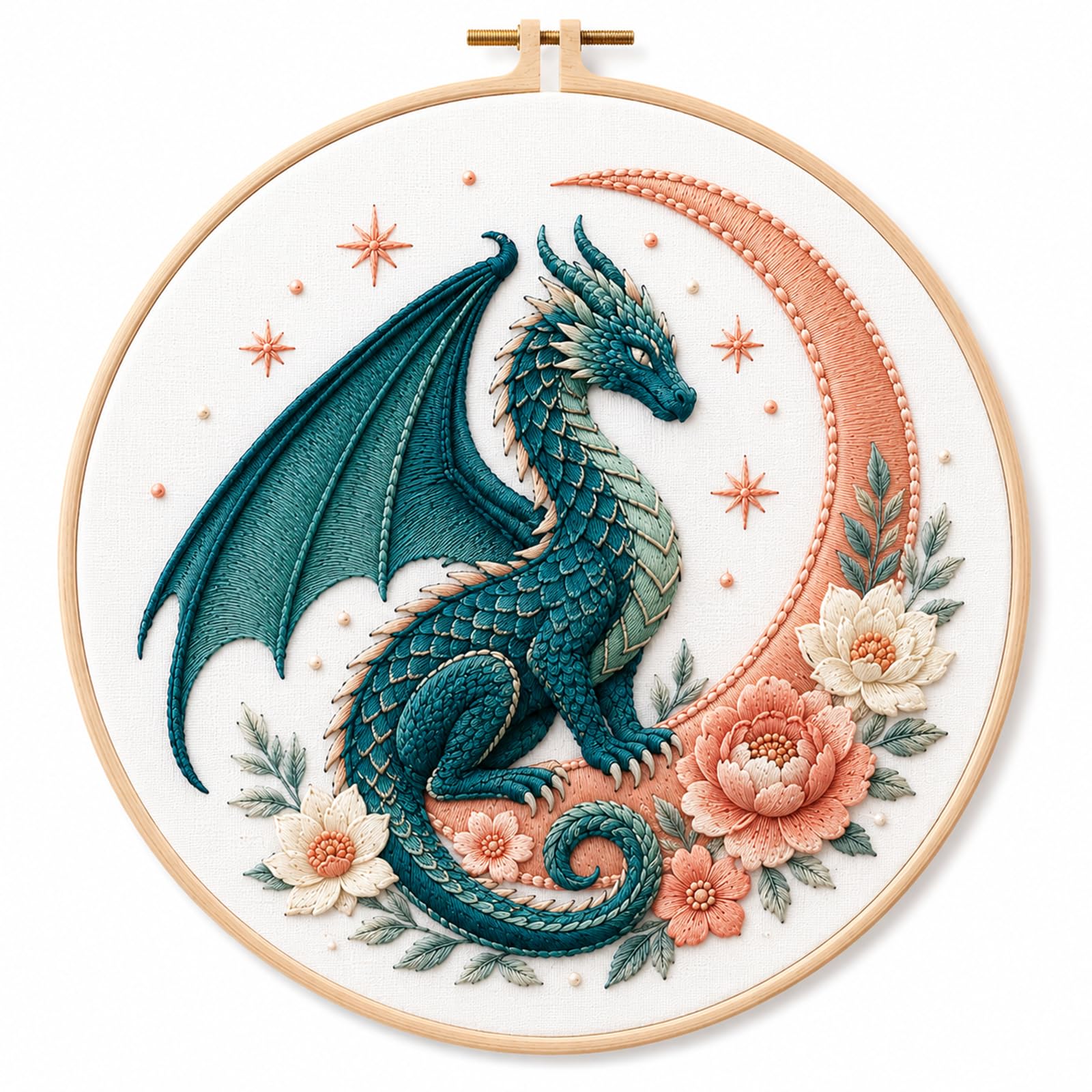 Beginner Embroidery Kit for Adults, Dragon & Floral Hand Stitching Set
