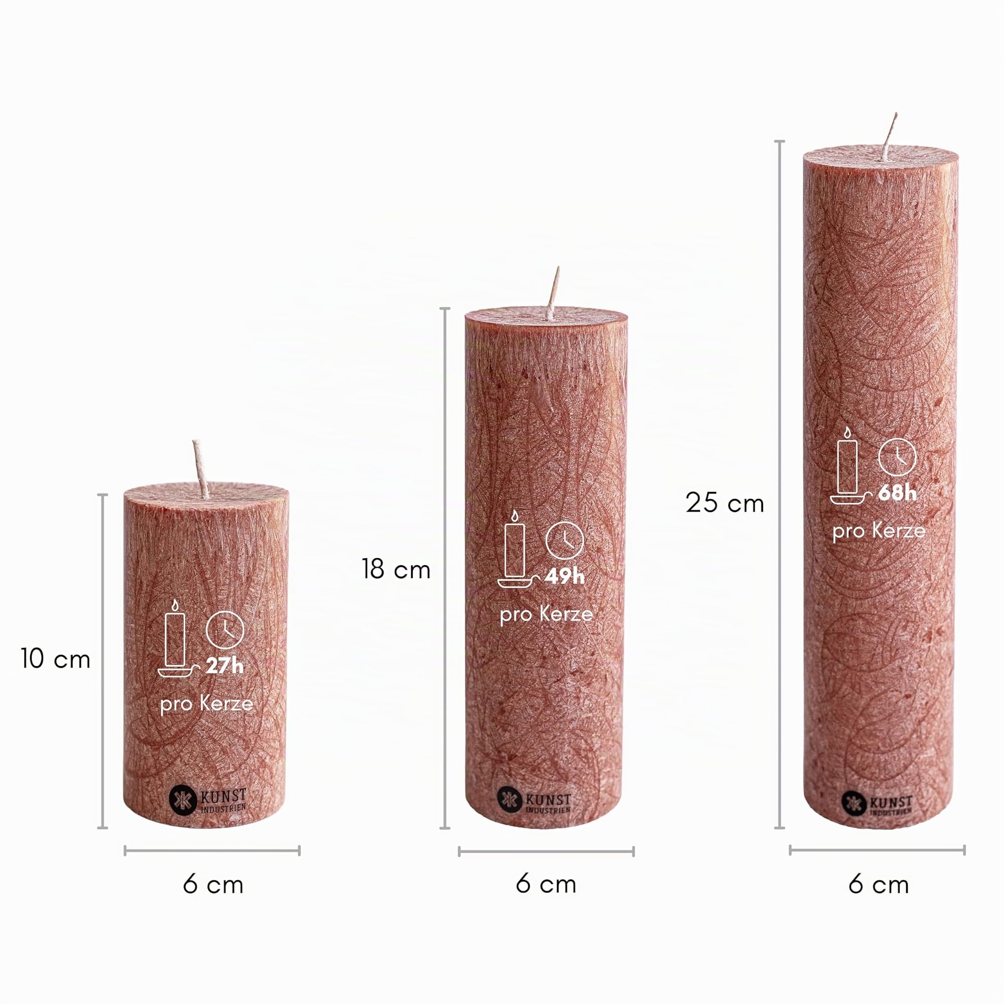 Kunstindustrien® Stumpenkerzen 3er-Set, Handgefertigt in Europa, Vegan– 100% Upcycled Olivenwachs, Kerzen lange Brenndauer 68 Std, Unparfümierte Altarkerzen (3 Stk, Ø 6 cm x H 10, 18, 25 cm, Kastanie)