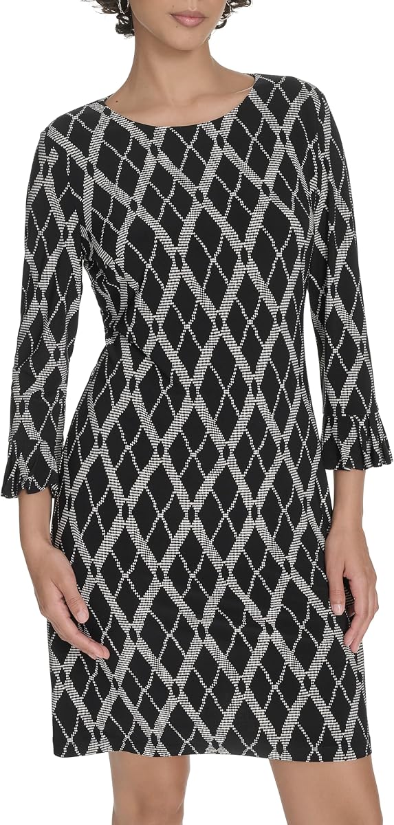 Tommy Hilfiger Minivestido de punto con cuello redondo y manga 3/4 con volantes para mujer
