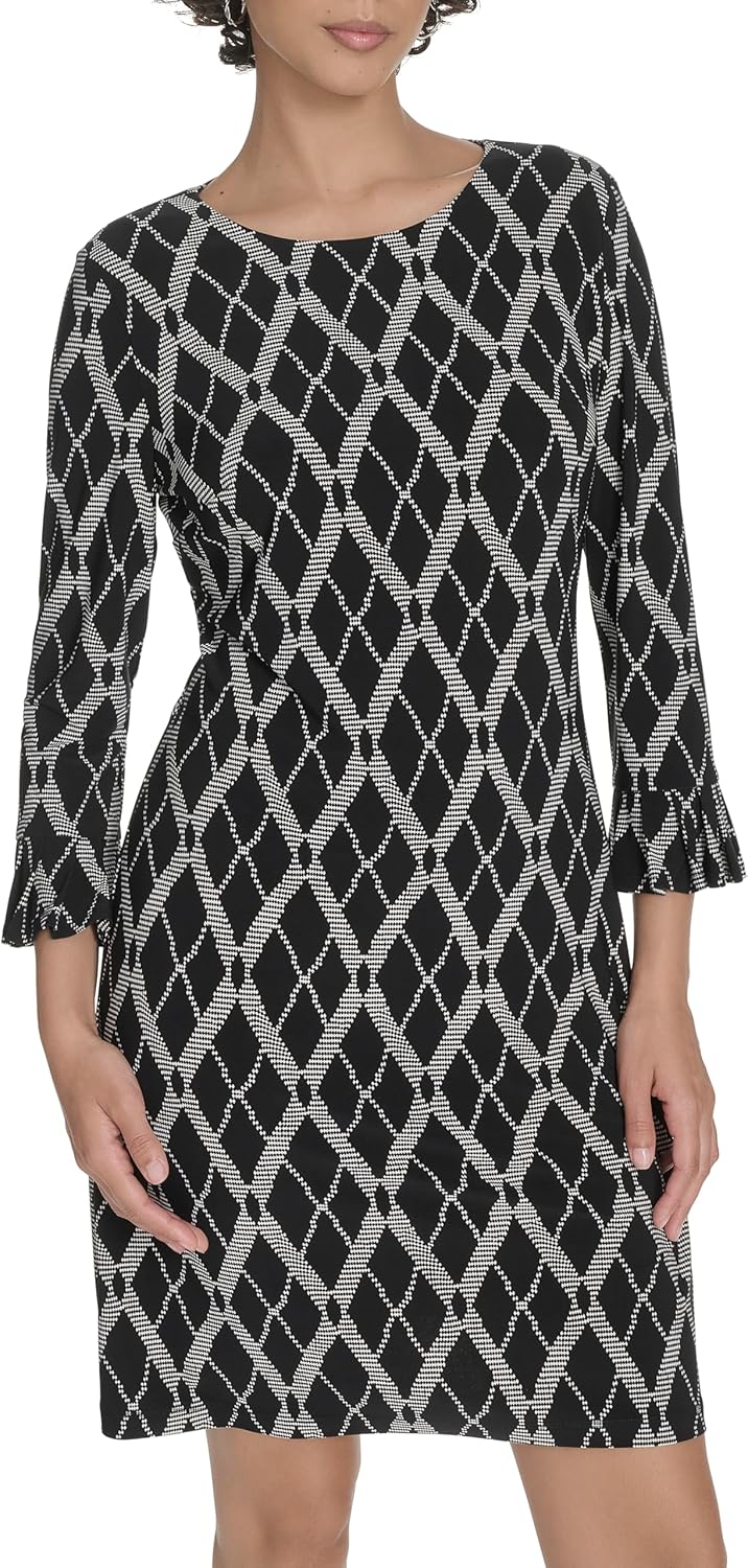 Tommy Hilfiger Women's 3/4 Ruffle Trim Sleeve Round Neck Jersey Shift Mini Dress