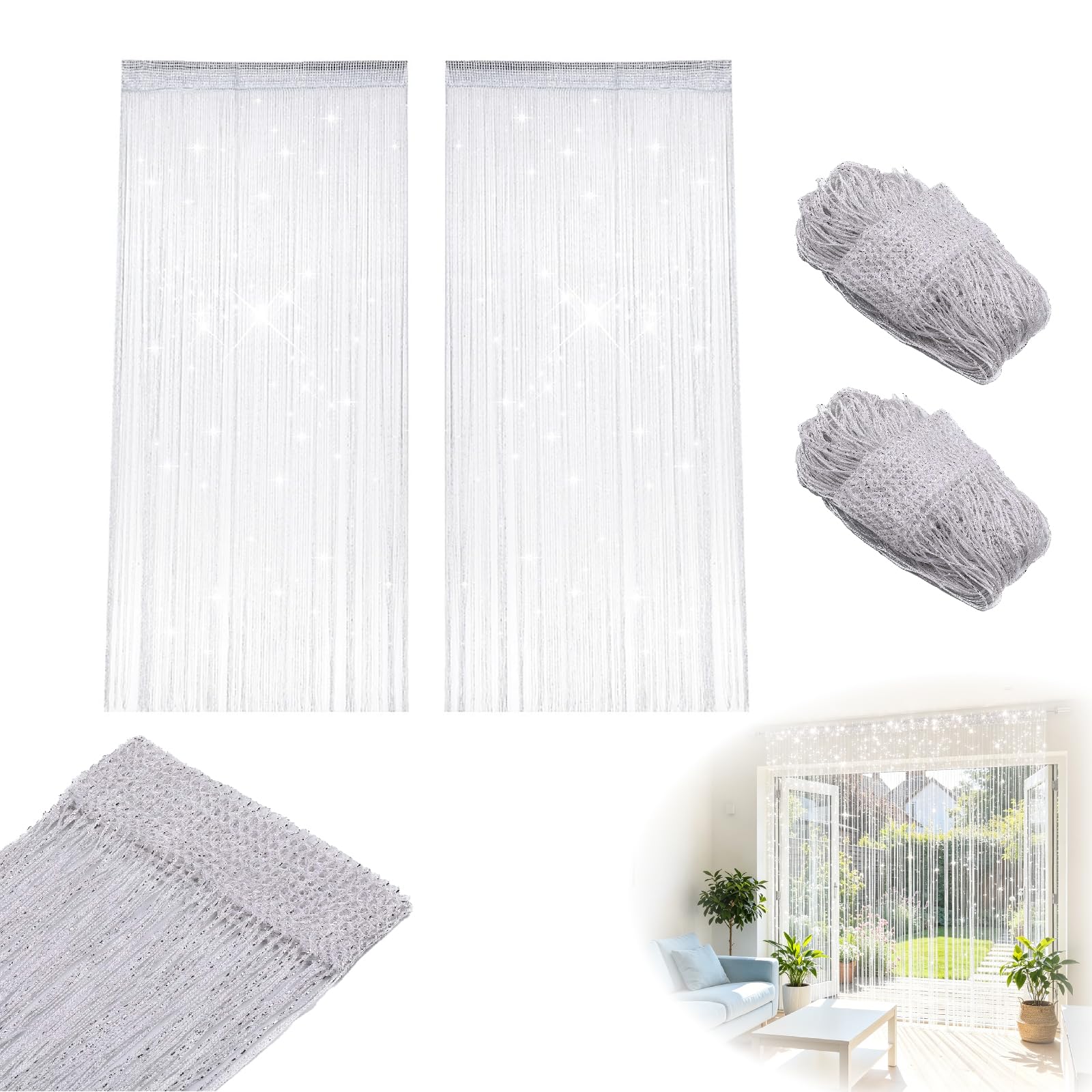 Crafthaven 2 Pack String Door Curtains, 100 x 200cm String Curtain Panel Glitter String Doorways Divider Door Screens for Living Room Bedroom Party Decorations (4, White)