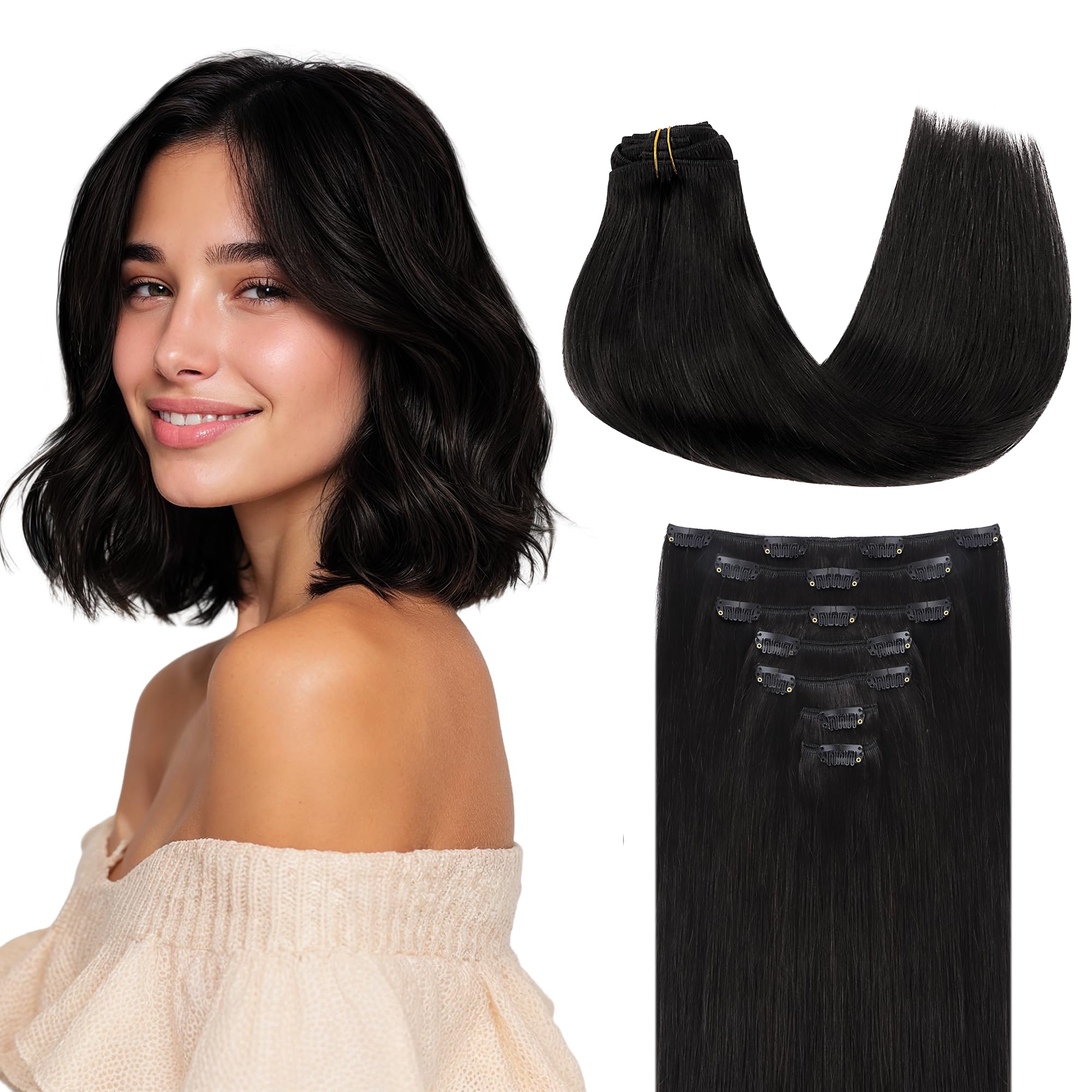 GOO GOO Clip in Hair Extensions Human Hair, 22inch 120g 7Pcs, #1B Natural black, Hair extensions for women, Human Hair Extensions Clip in — view 47