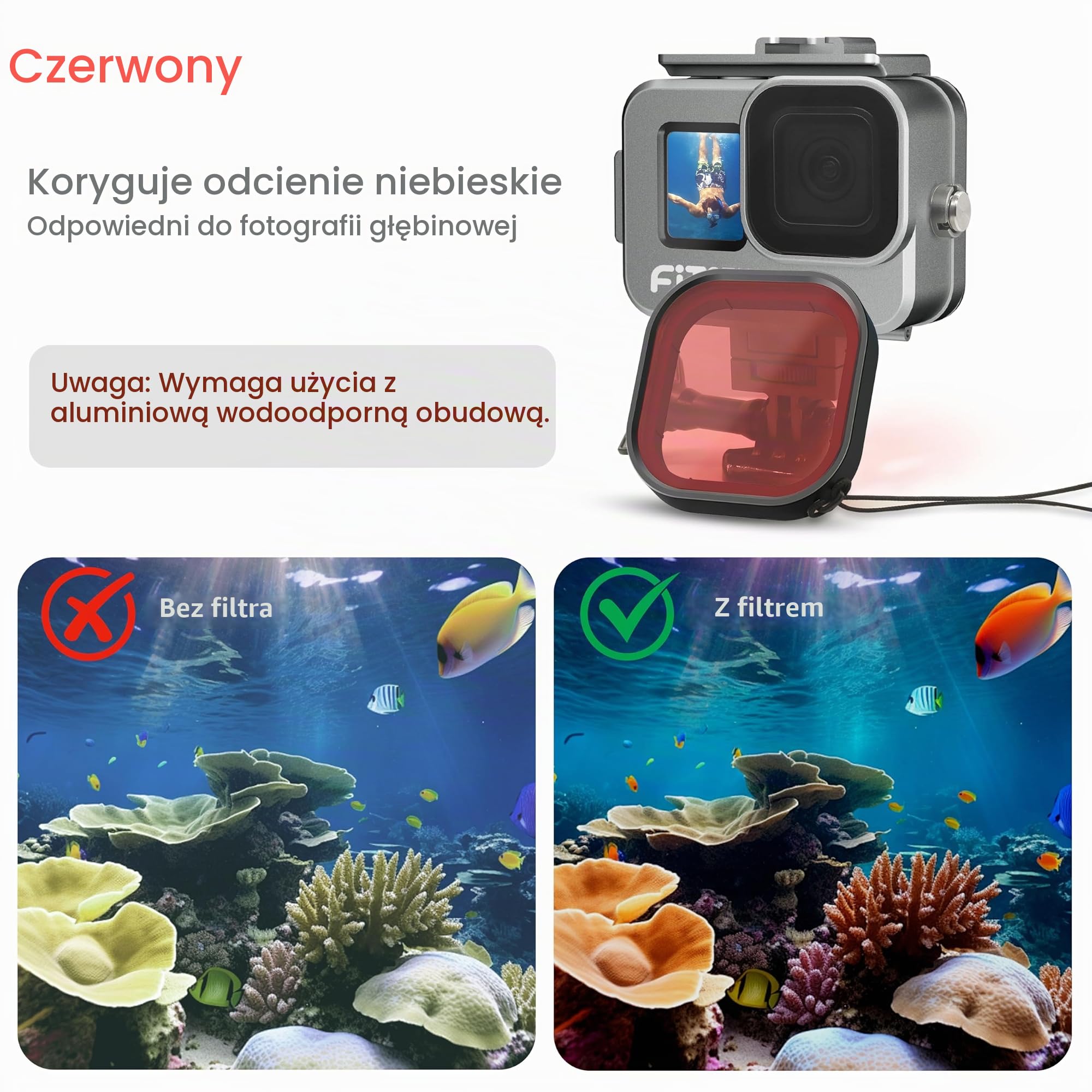 FitStill Wodoodporna obudowa ze stopu aluminium 80 m do Go Pro Hero czarna, z 2 uchwytami na zimną stopkę do nurkowania, filtry Hero13/12/11/10/9 akcesoria